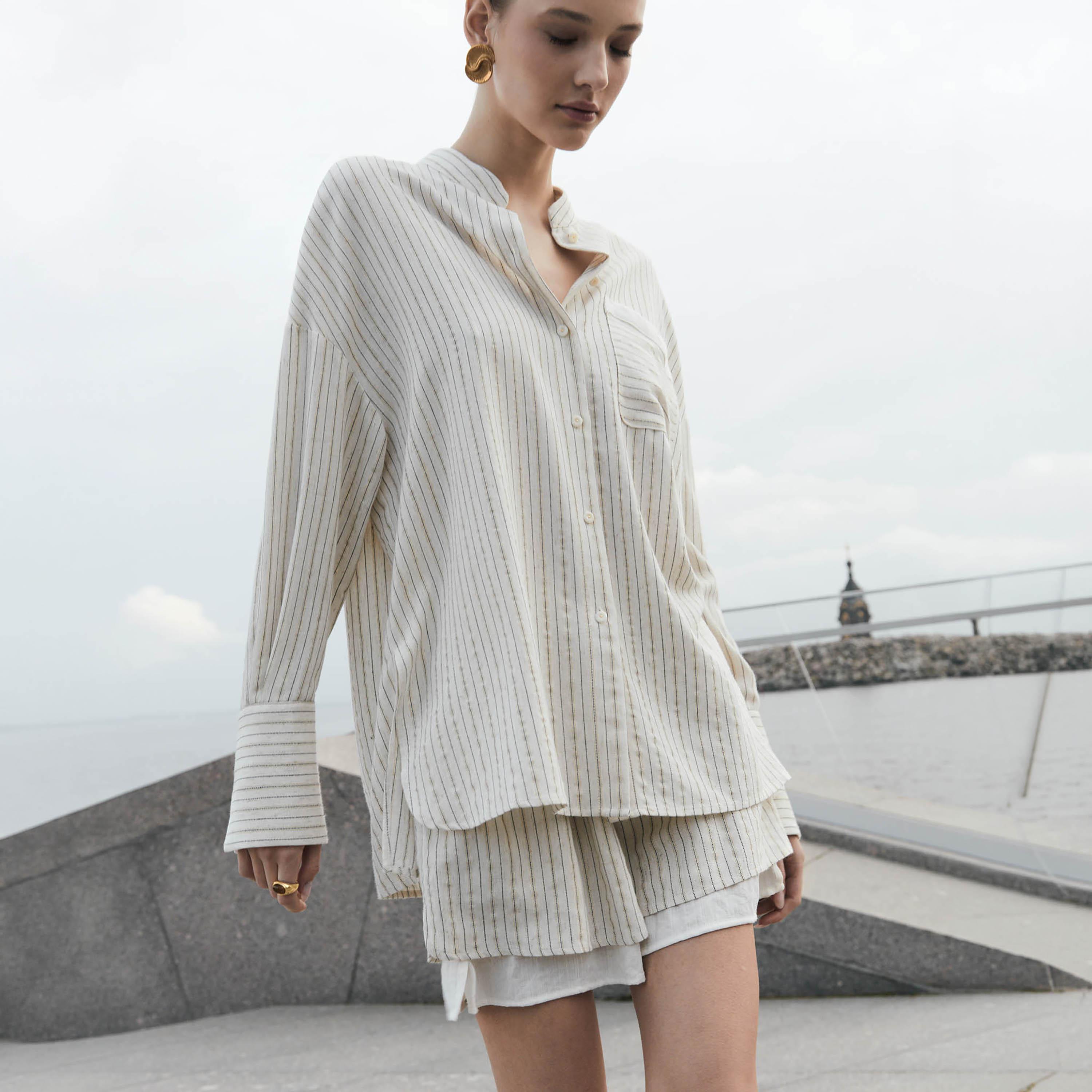 Lichi Cream Striped Mandarin Collar Dropped Sleeves Women's Shirt-women-clothing-shirtsandblouses-shirts-image-4