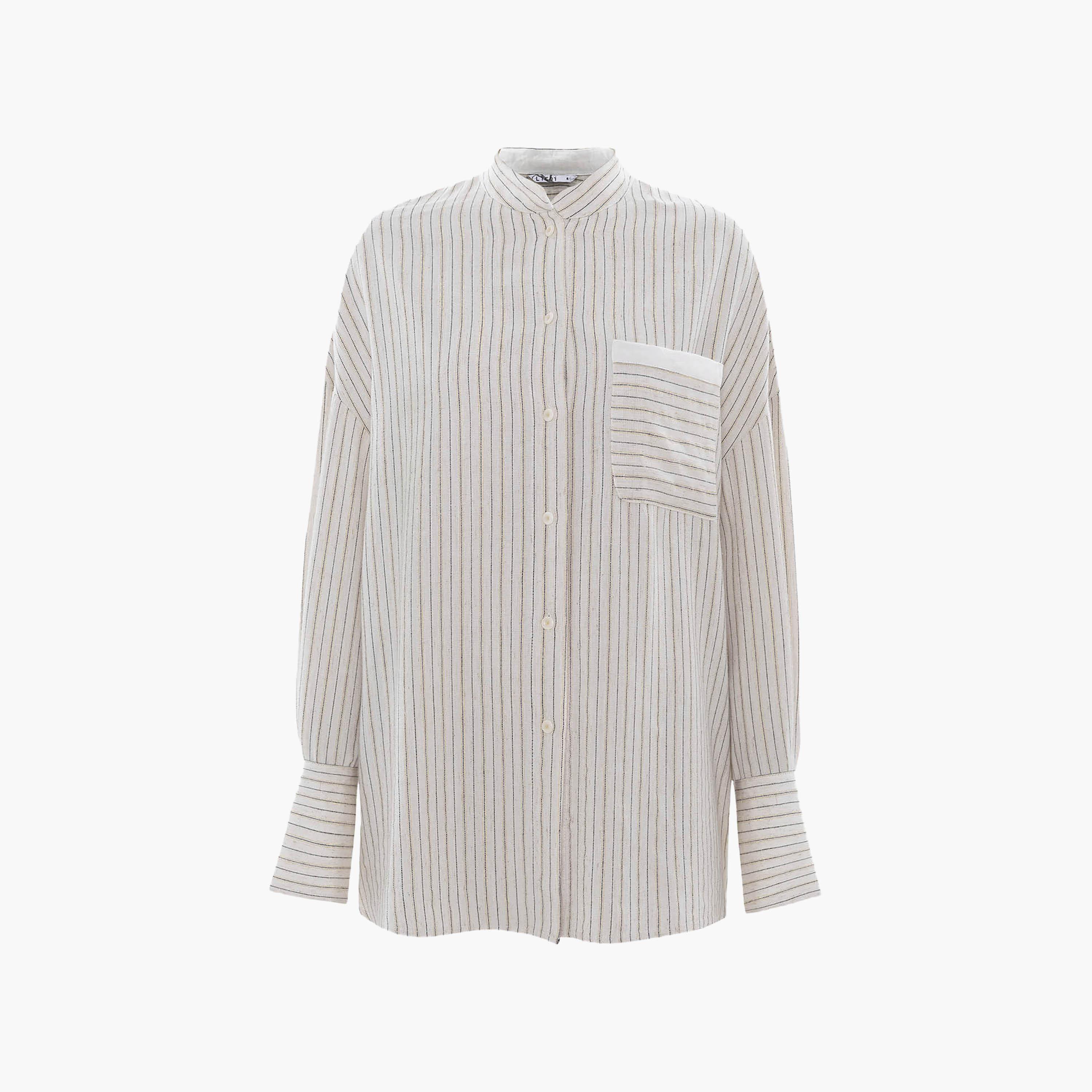 Lichi Cream Striped Mandarin Collar Dropped Sleeves Women's Shirt-women-clothing-shirtsandblouses-shirts-image-5