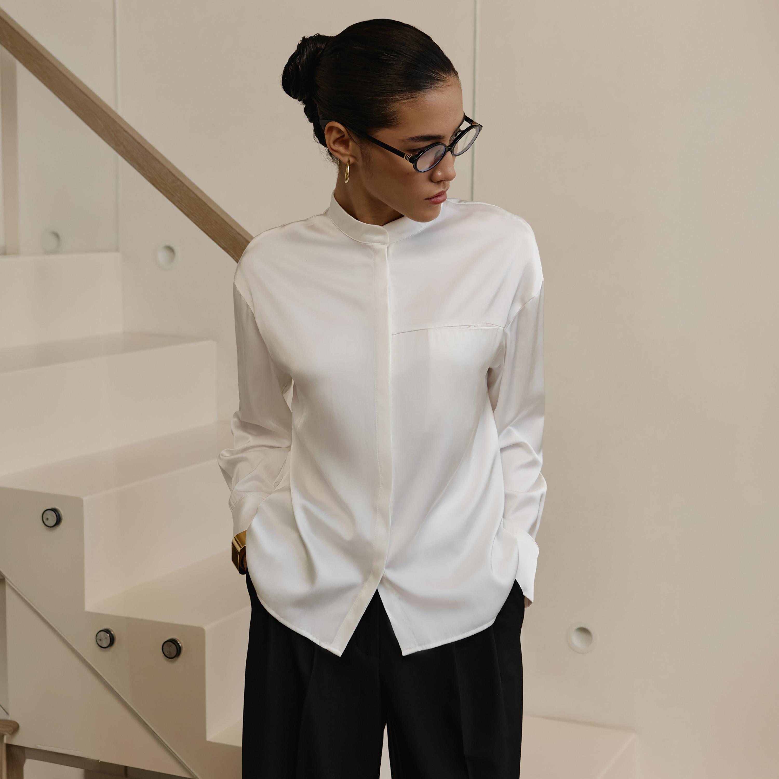 قميص أبيض بياقة ماندارين وأكتاف منسدلة للنساء من ليتشي-women-clothing-shirtsandblouses-shirts-image-1