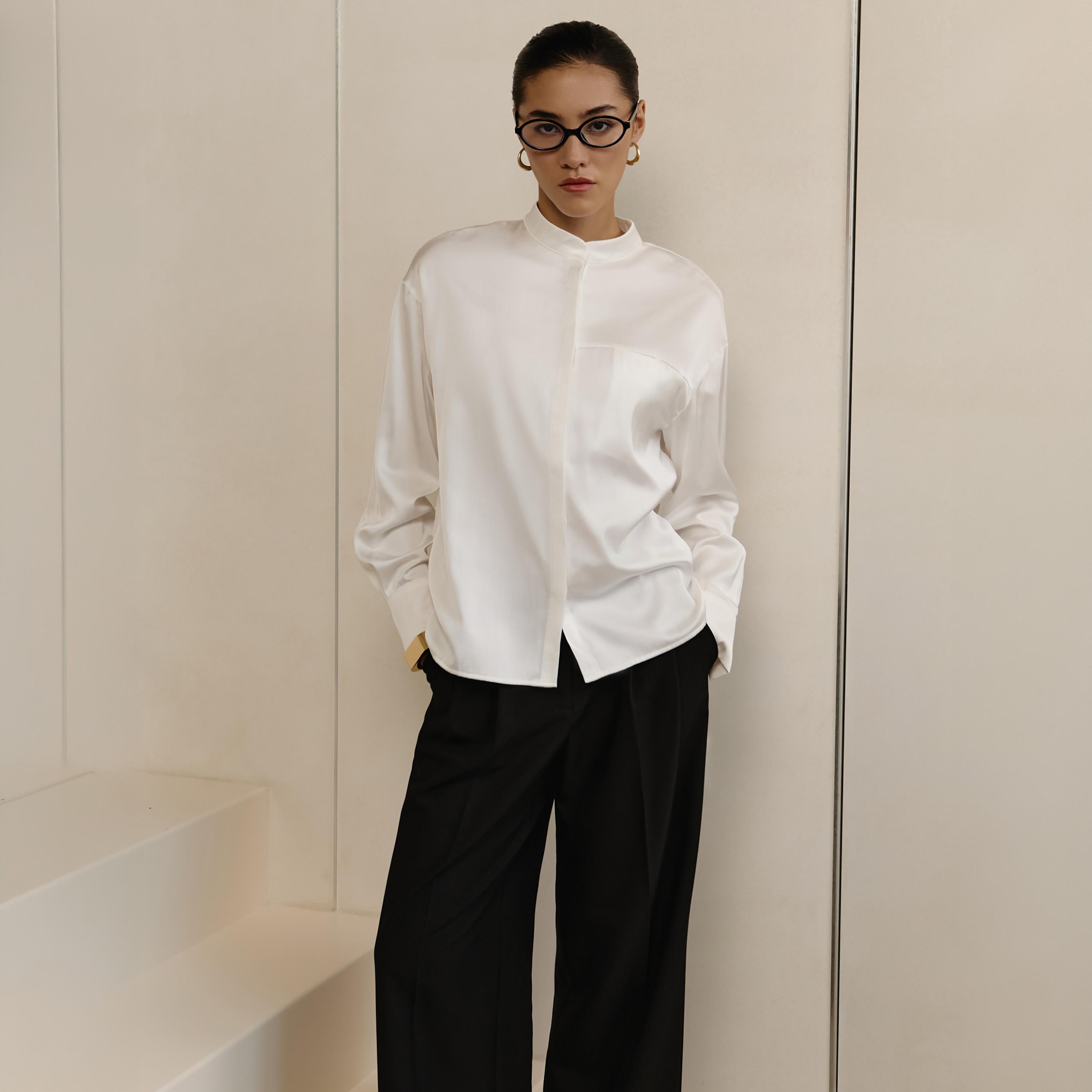 قميص أبيض بياقة ماندارين وأكتاف منسدلة للنساء من ليتشي-women-clothing-shirtsandblouses-shirts-image-3