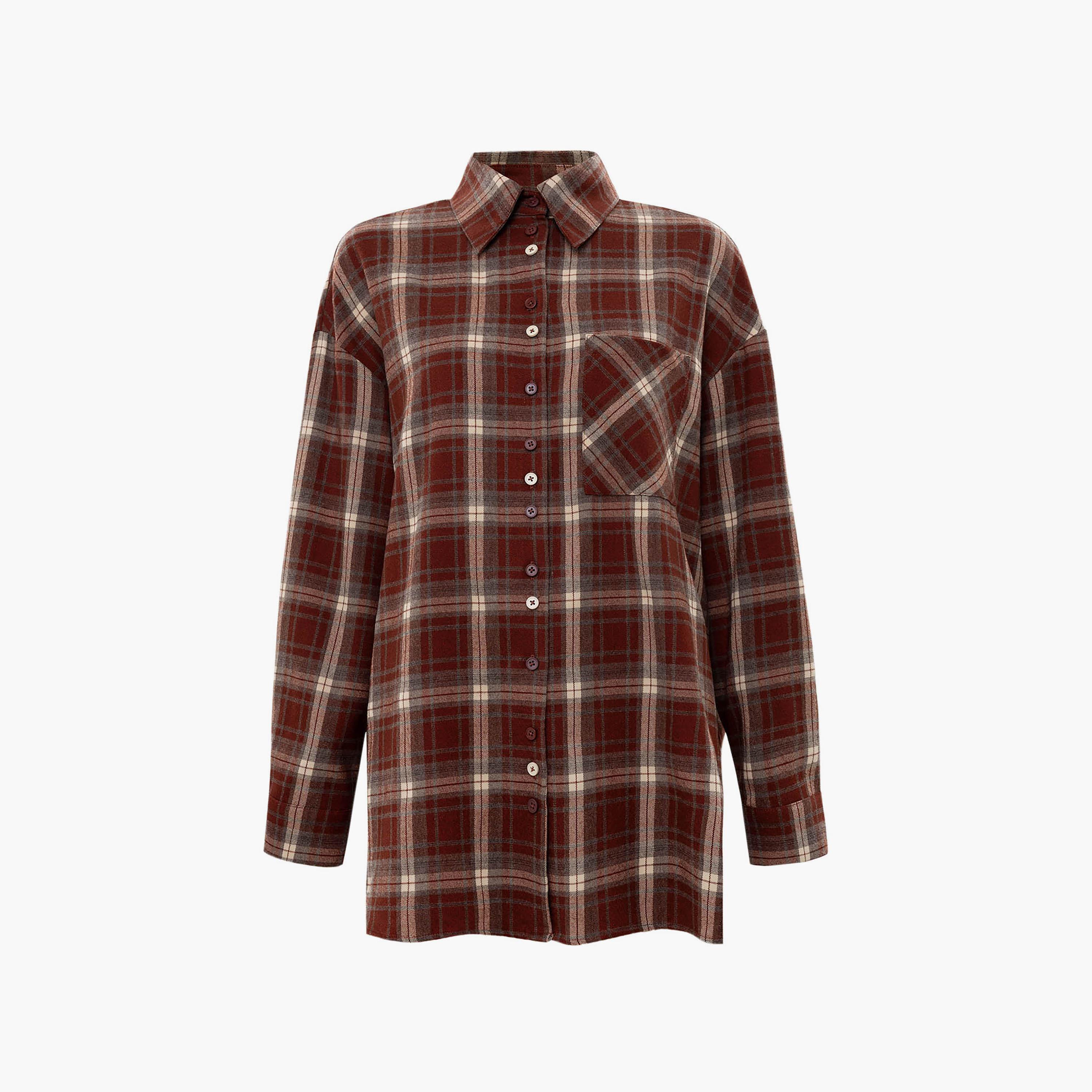 قميص كاروهات أحمر بياقة وأكتاف منسدلة للنساء من ليتشي-women-clothing-shirtsandblouses-shirts-image-5