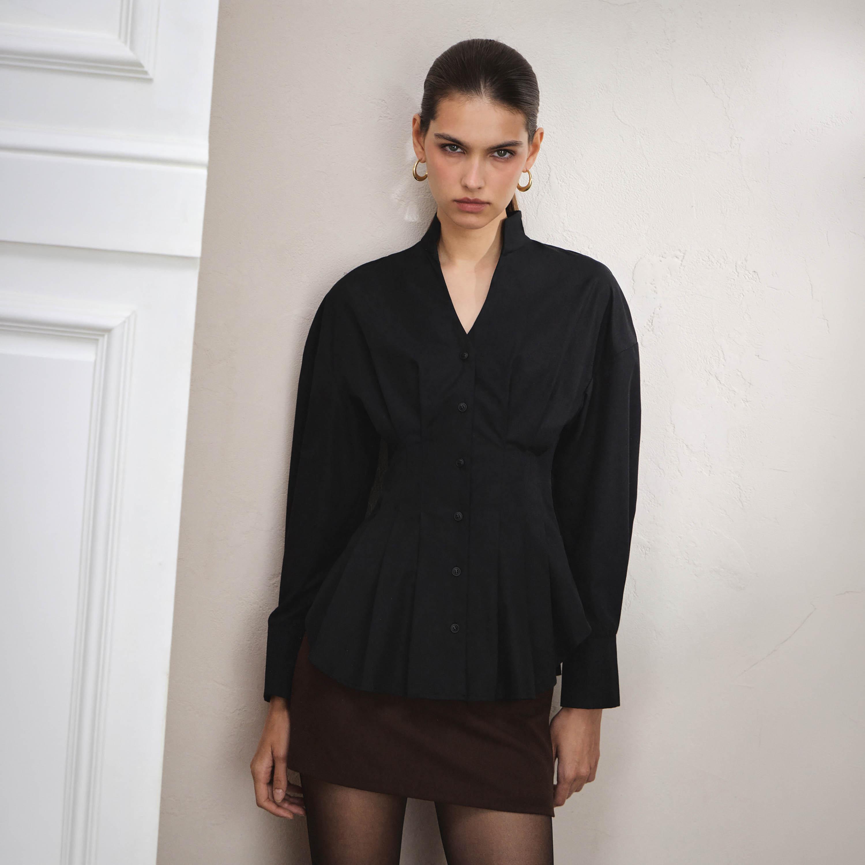 قميص بيبلوم حريمي بليسيه بياقة قائمة وأكمام مسدلة من ليتشي-women-clothing-shirtsandblouses-shirts-image-1