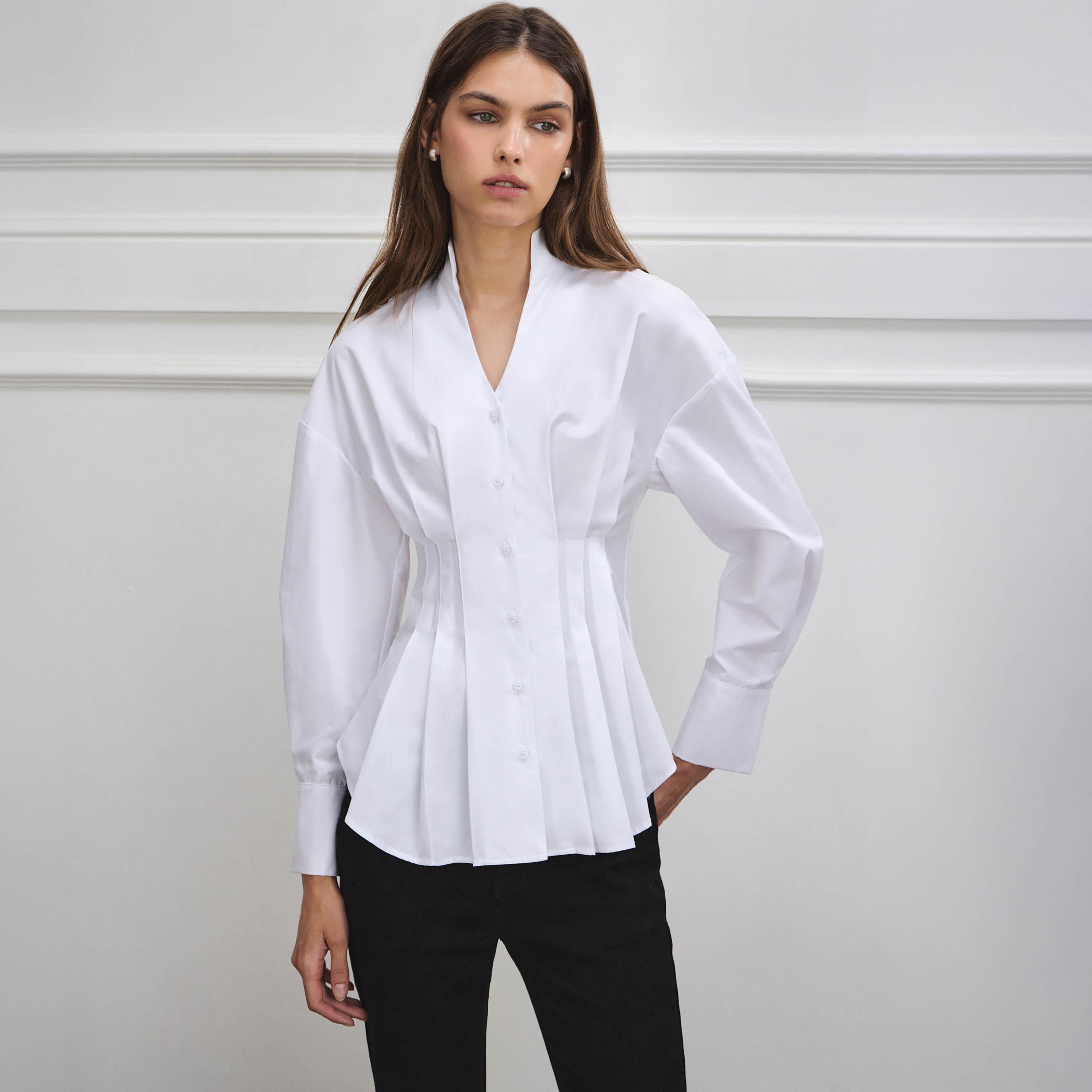 قميص بيبلوم حريمي بليسيه بياقة قائمة وأكمام مسدلة من ليتشي-women-clothing-shirtsandblouses-shirts-image-1