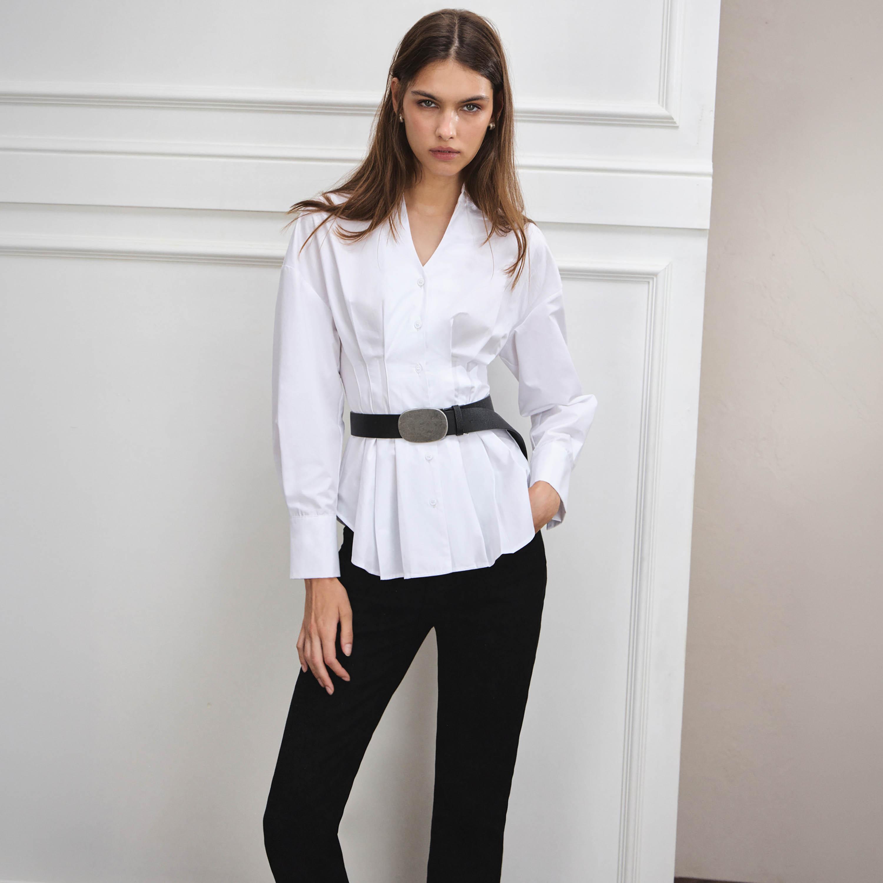قميص بيبلوم حريمي بليسيه بياقة قائمة وأكمام مسدلة من ليتشي-women-clothing-shirtsandblouses-shirts-image-2
