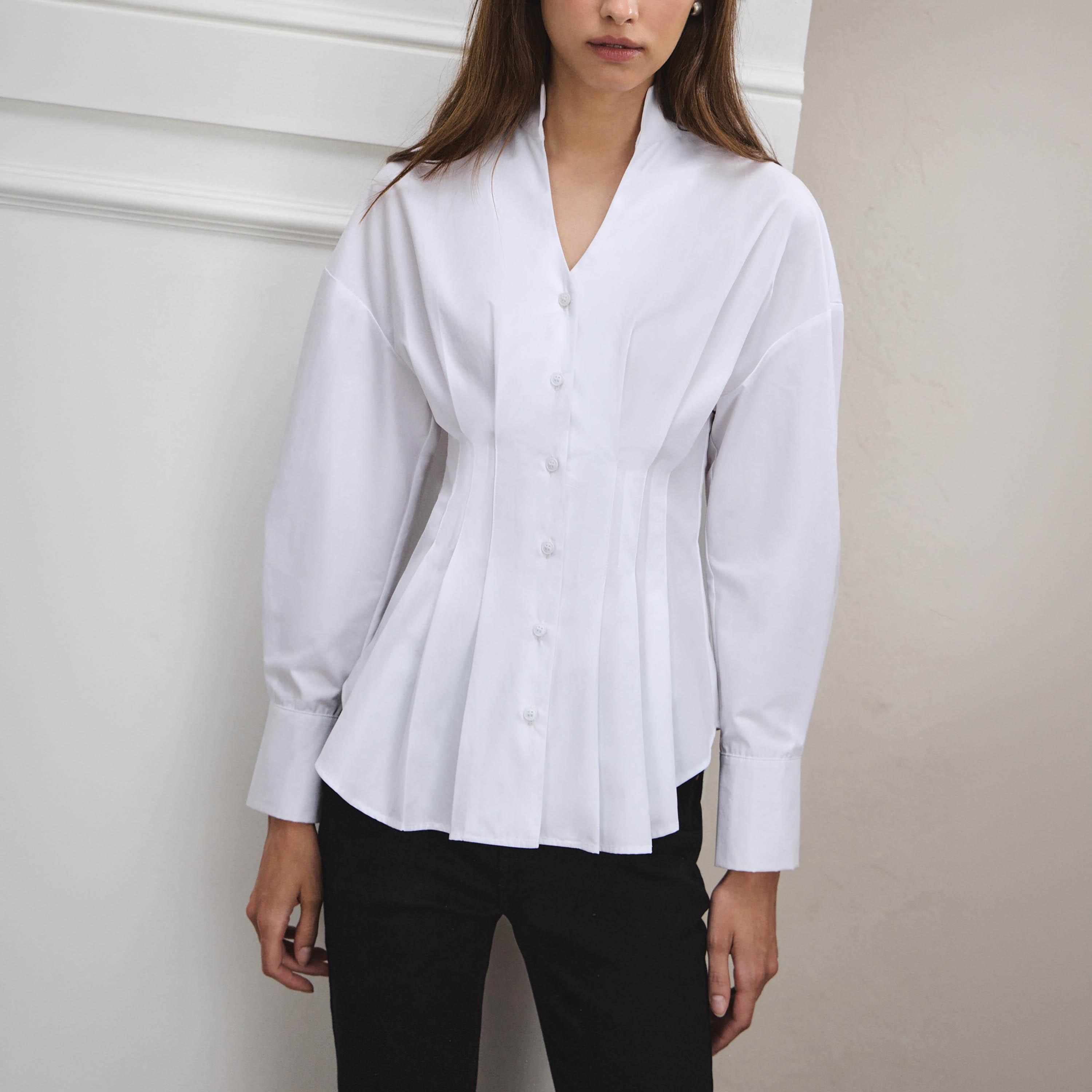قميص بيبلوم حريمي بليسيه بياقة قائمة وأكمام مسدلة من ليتشي-women-clothing-shirtsandblouses-shirts-image-3