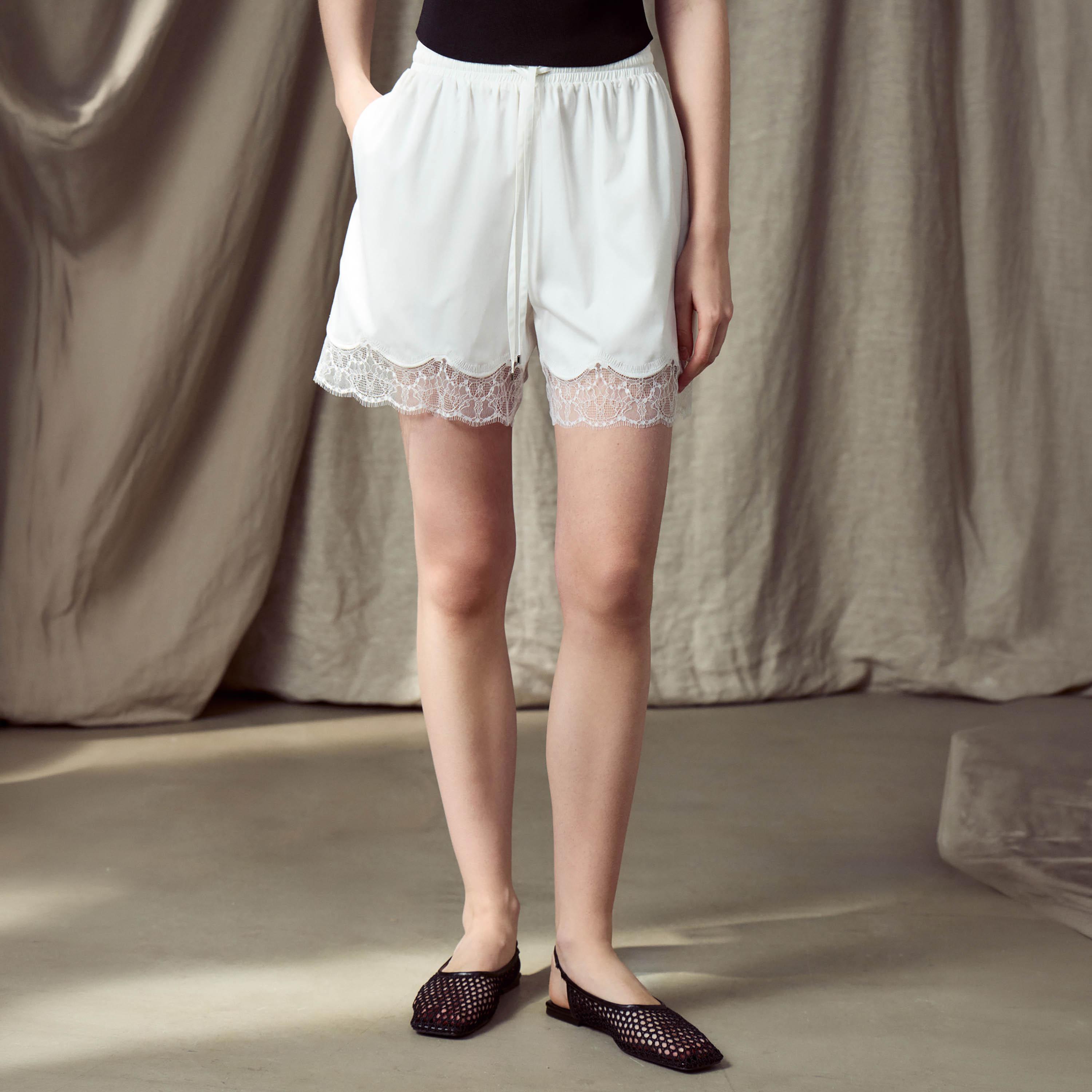 Lichi White Lace Trim Satin Women's Shorts-women-clothing-bottoms-shorts-image-1