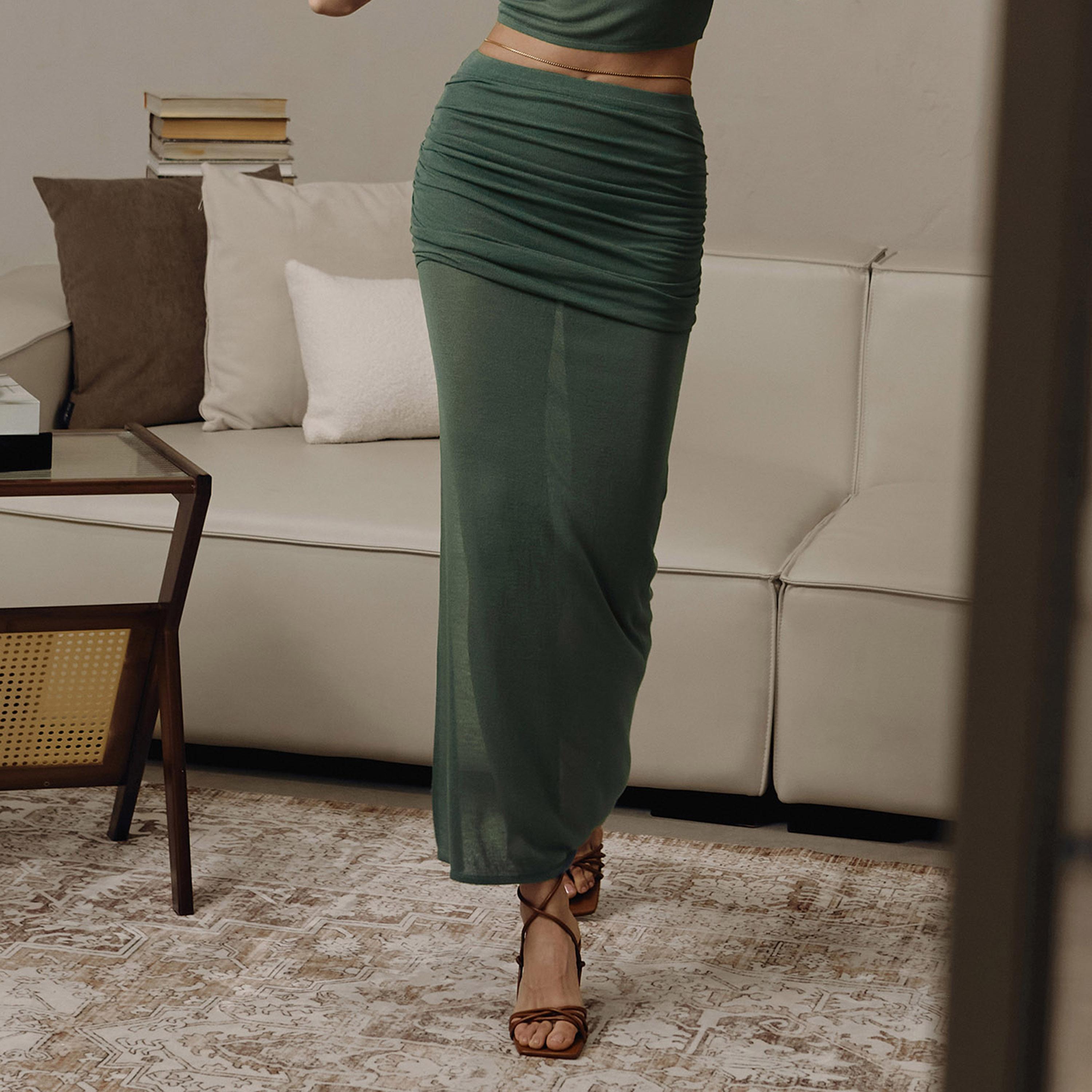 تنورة ماكسي بفتحة وكسرات من الجيرسيه للنساء من ليتشي-women-clothing-bottoms-skirts-image-1
