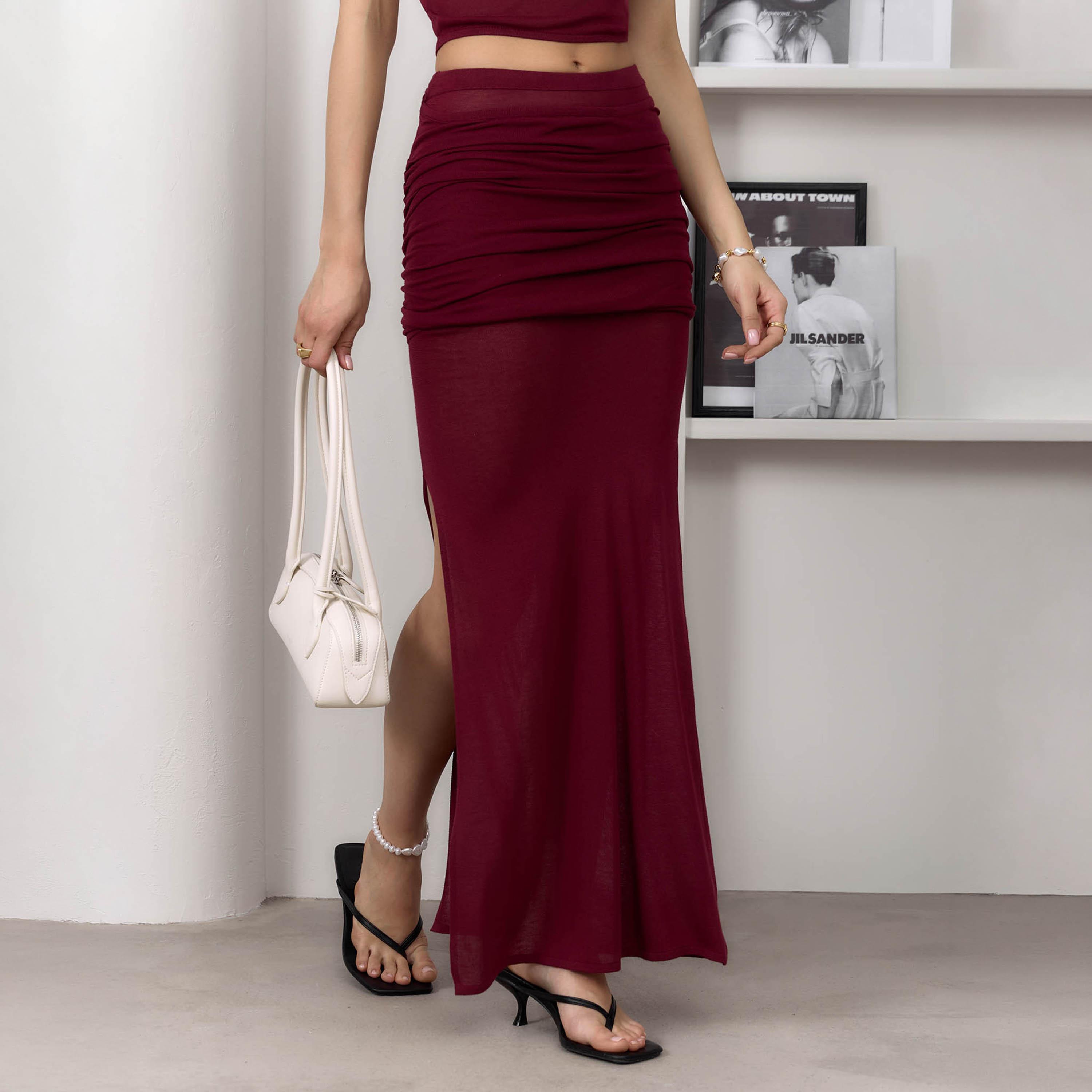 Lichi Jersey Ruched Slit Women's Maxi Skirt-women-clothing-skirts-image-3