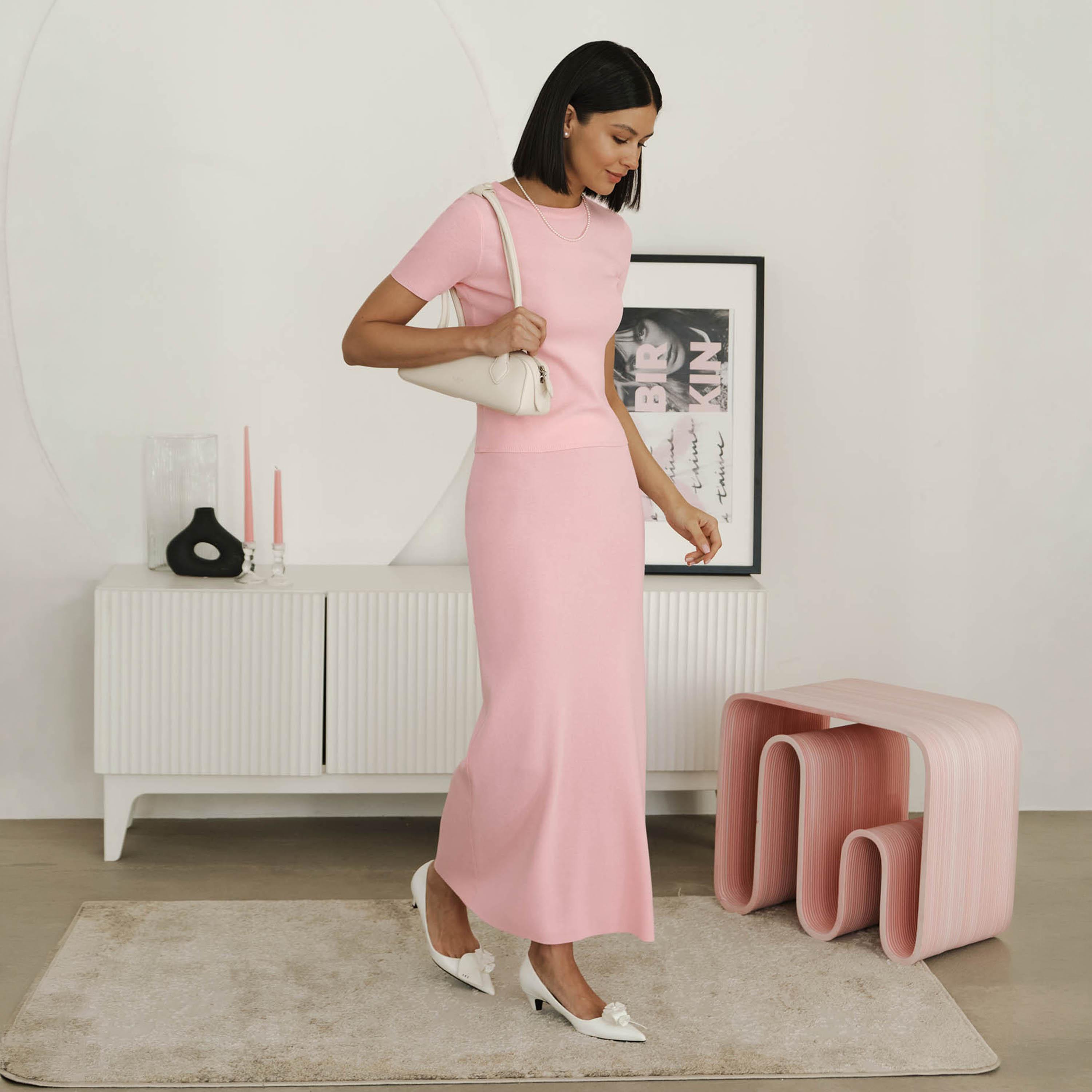 تنورة ماكسي بنمط قلم الرصاص (بنسل) من الجيرسيه وردي للنساء من ليتشي-women-clothing-bottoms-skirts-image-2