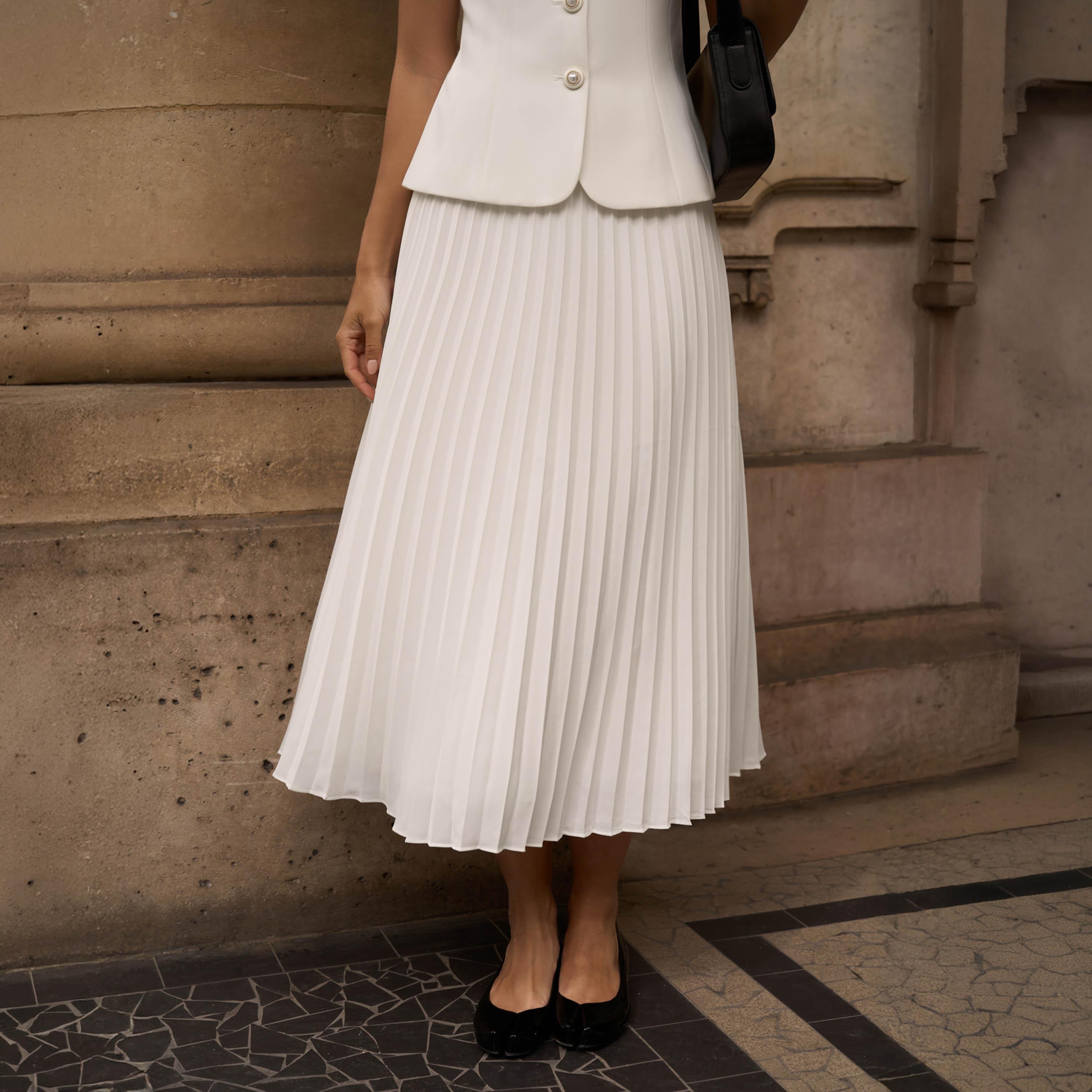 تنورة ميدي ستان بكسرات وقصة ايه لاين أبيض للنساء من ليتشي-women-clothing-bottoms-skirts-image-1