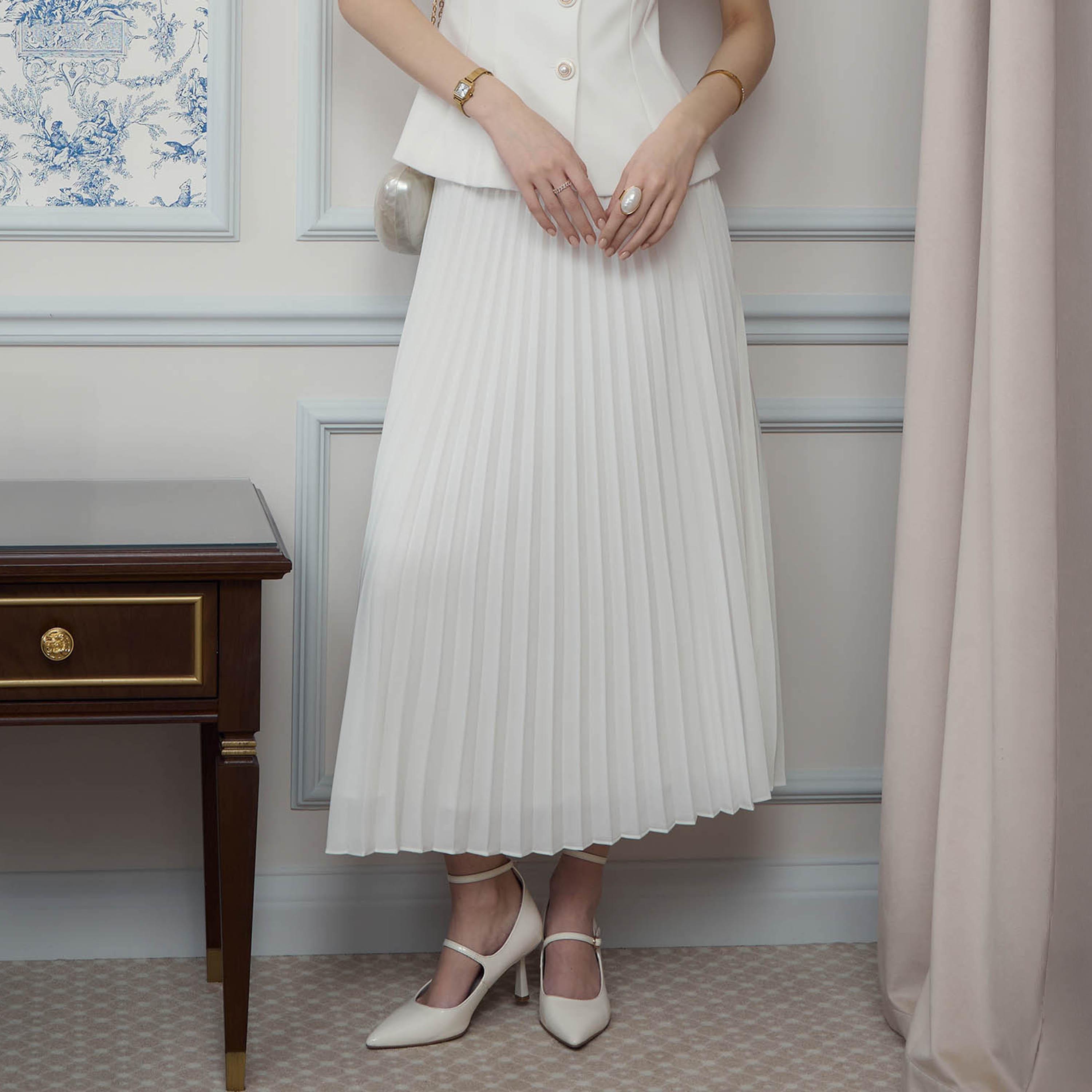 تنورة ميدي ستان بكسرات وقصة ايه لاين أبيض للنساء من ليتشي-women-clothing-bottoms-skirts-image-3