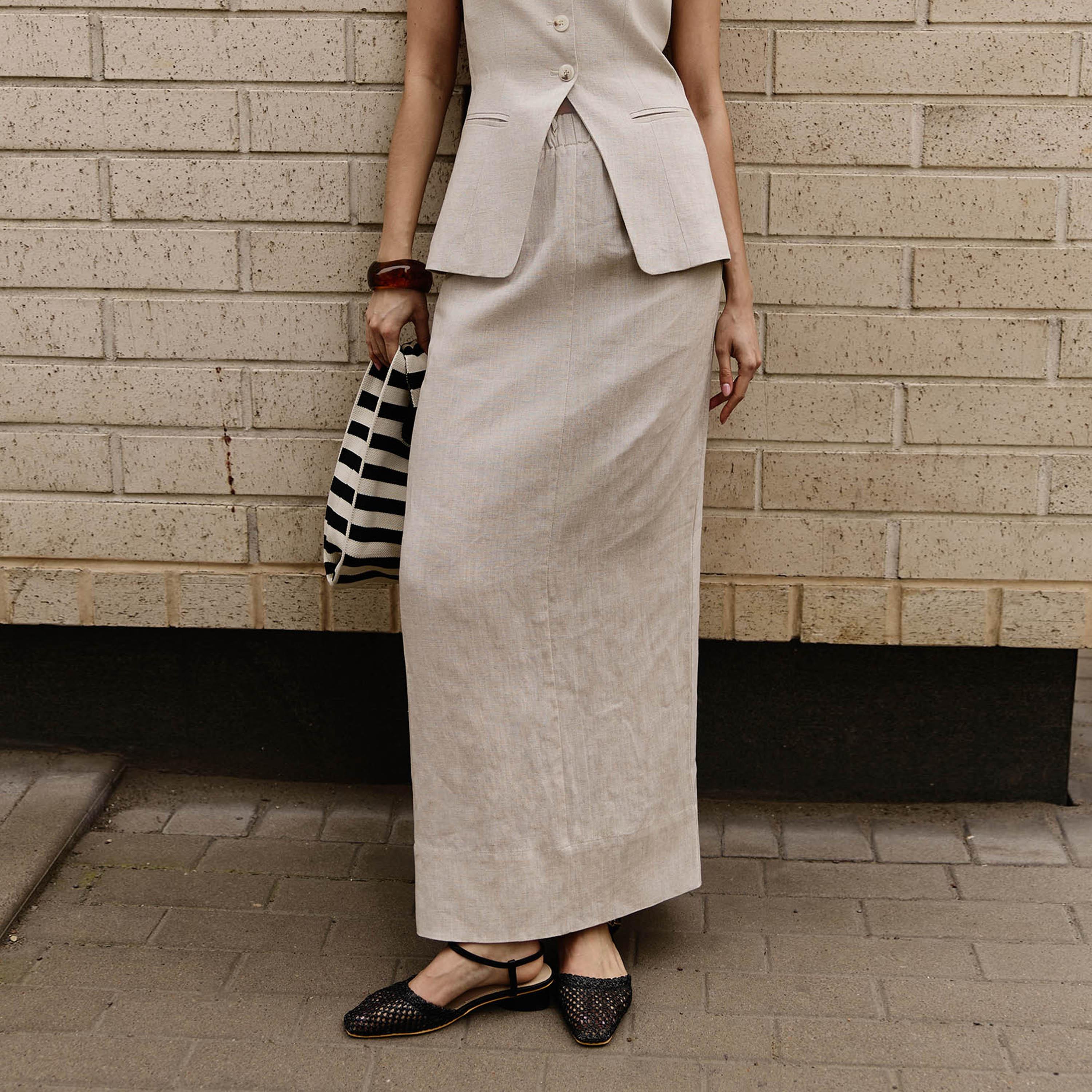 تنورة ماكسي بنمط قلم الرصاص (بنسل) كتان بيج للنساء من ليتشي-women-clothing-bottoms-skirts-image-3