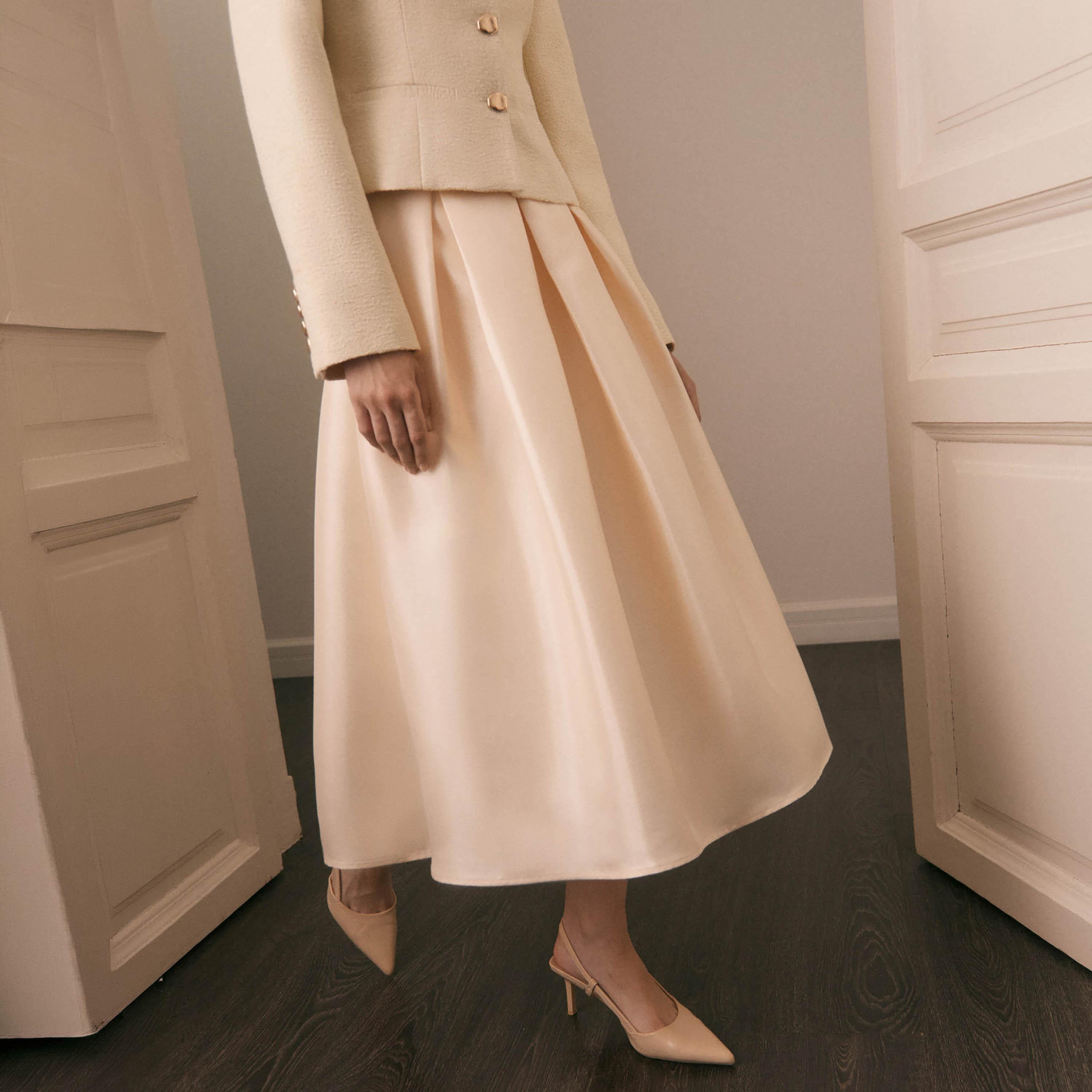 تنورة ميدي بقصة واسعة (A-Line) مكسرة للنساء باللون الكريمي من ليتشي-women-clothing-bottoms-skirts-image-4