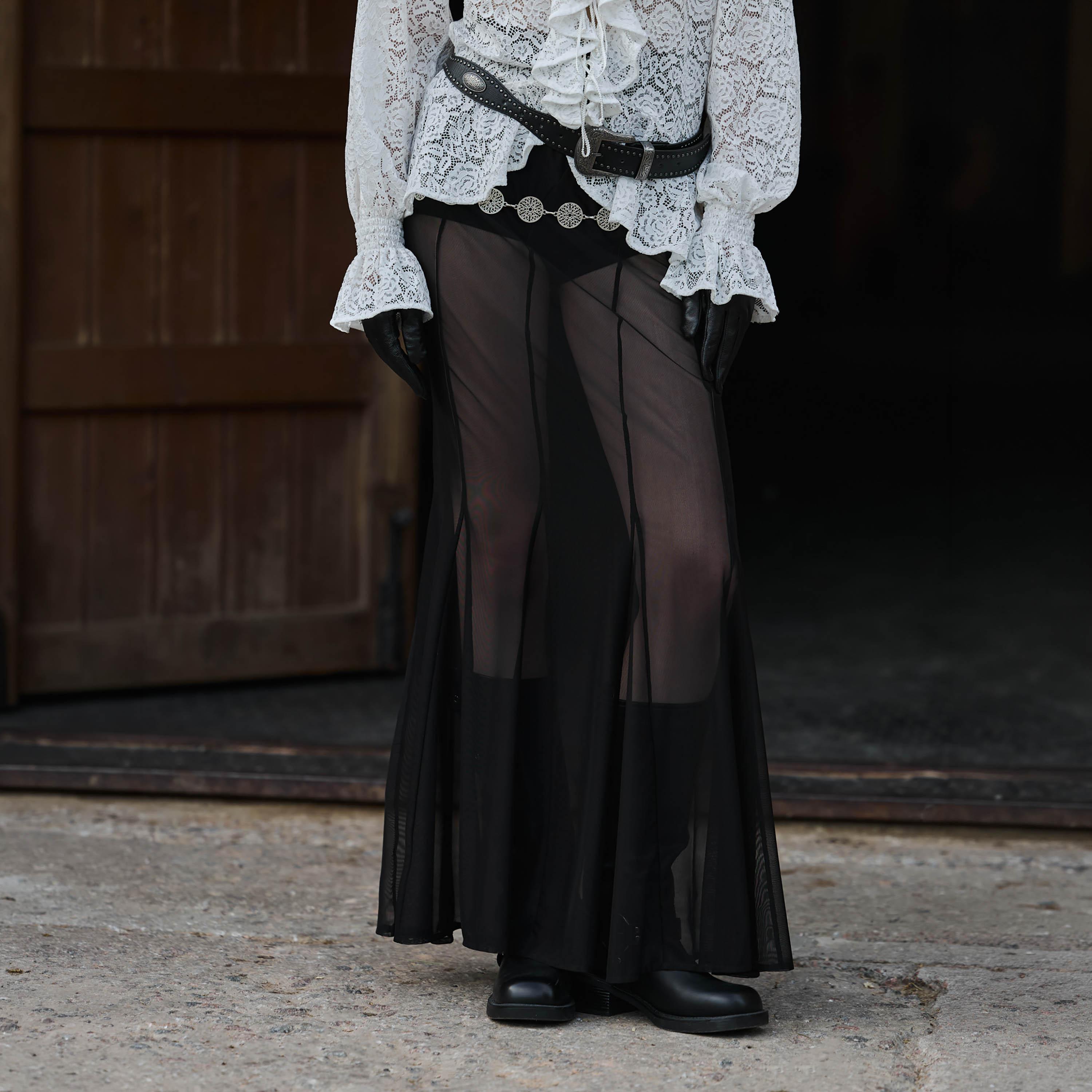 تنورة ماكسي كلوش شفافة للنساء باللون الأسود من ليتشي-women-clothing-bottoms-skirts-image-1