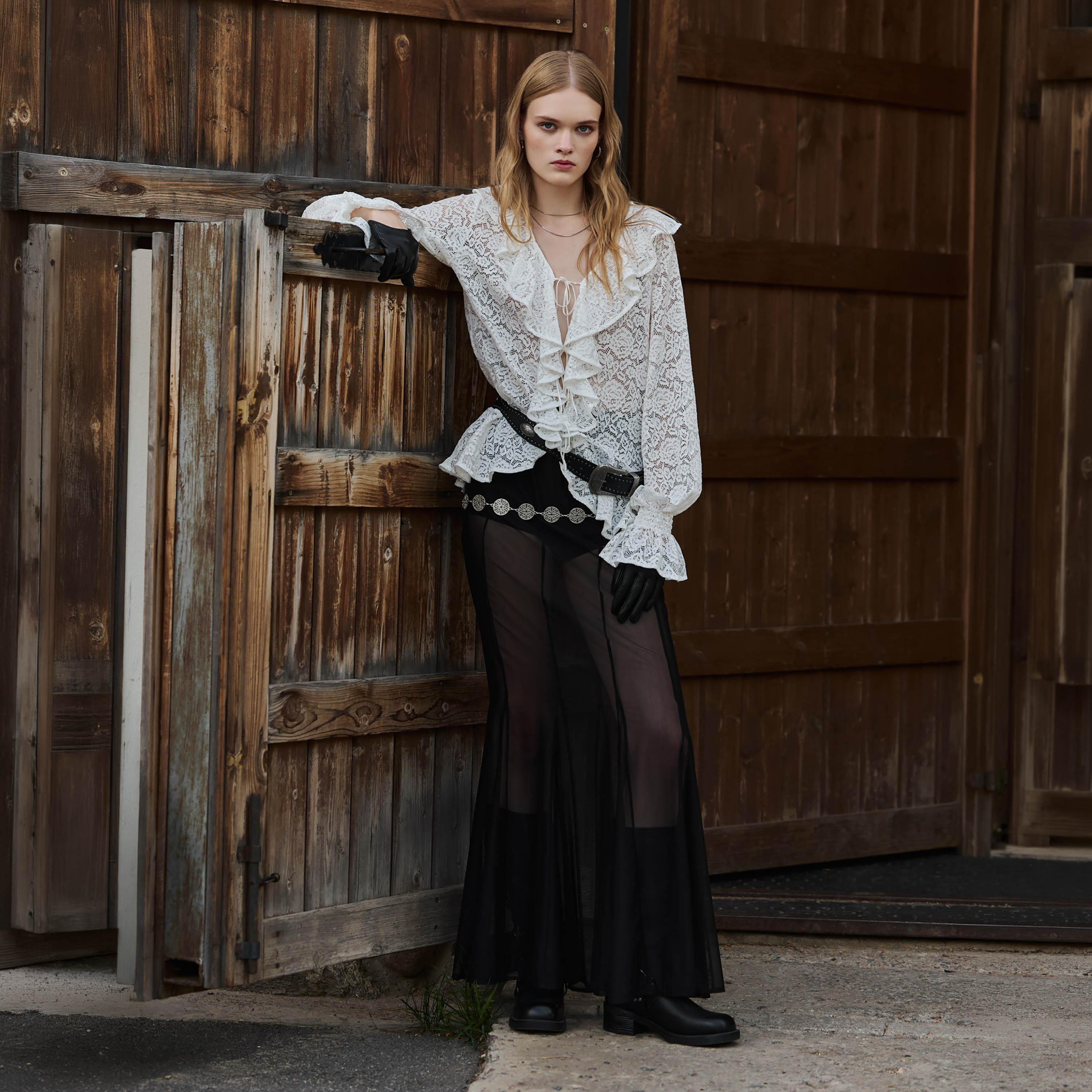 تنورة ماكسي كلوش شفافة للنساء باللون الأسود من ليتشي-women-clothing-bottoms-skirts-image-2