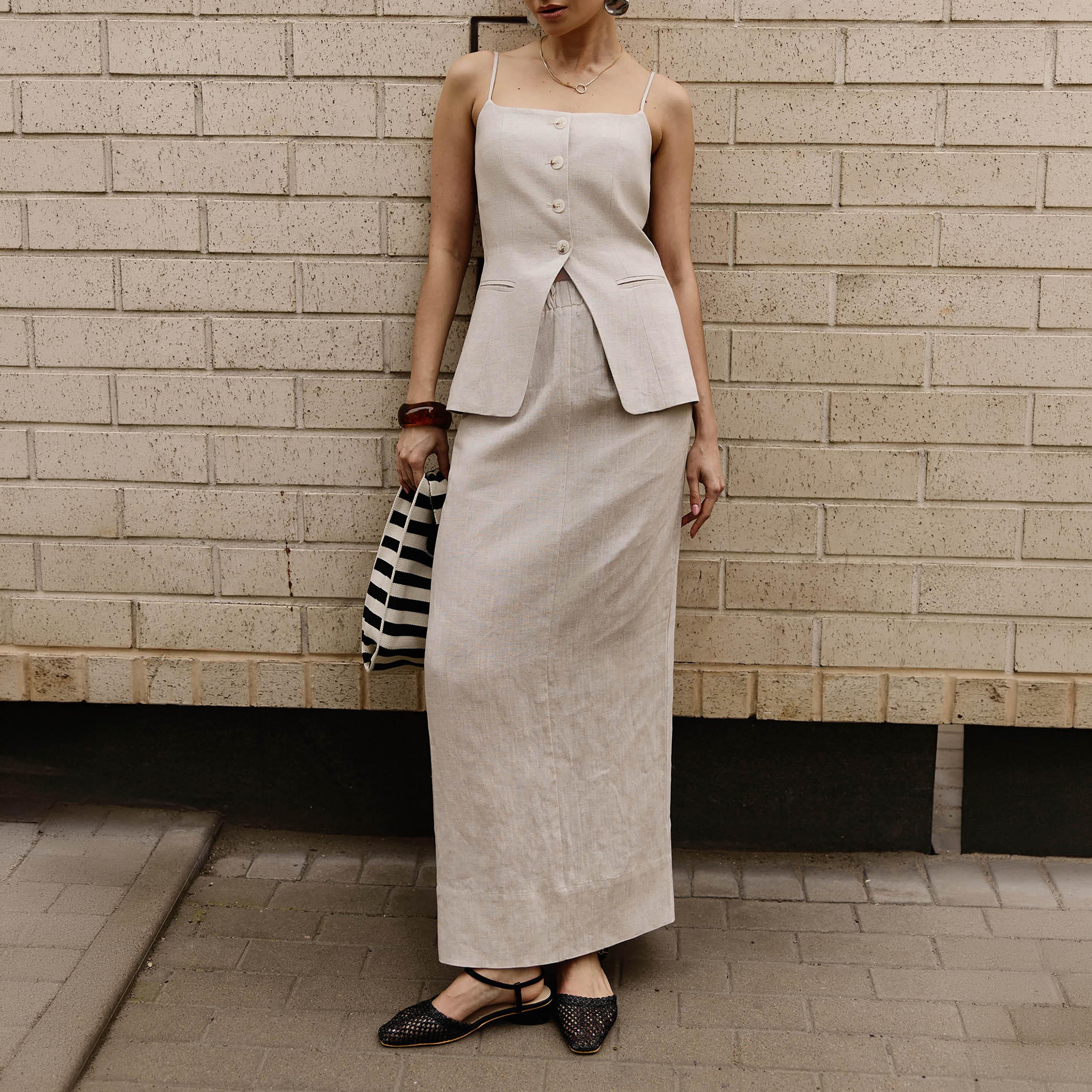 توب كتان بحمالات كتف بيج للنساء من ليتشي-women-clothing-shirtsandblouses-blouses-image-2