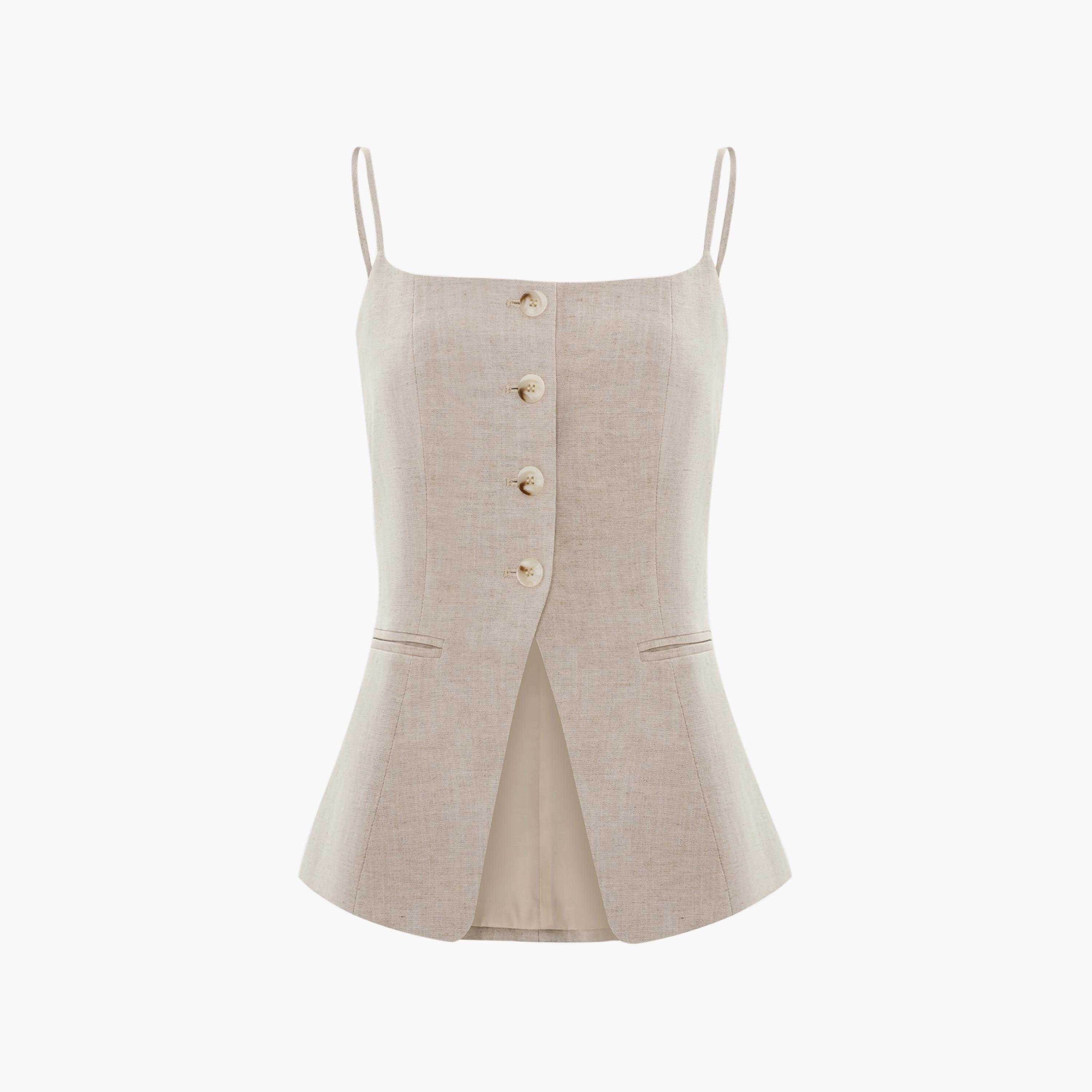توب كتان بحمالات كتف بيج للنساء من ليتشي-women-clothing-shirtsandblouses-blouses-image-5