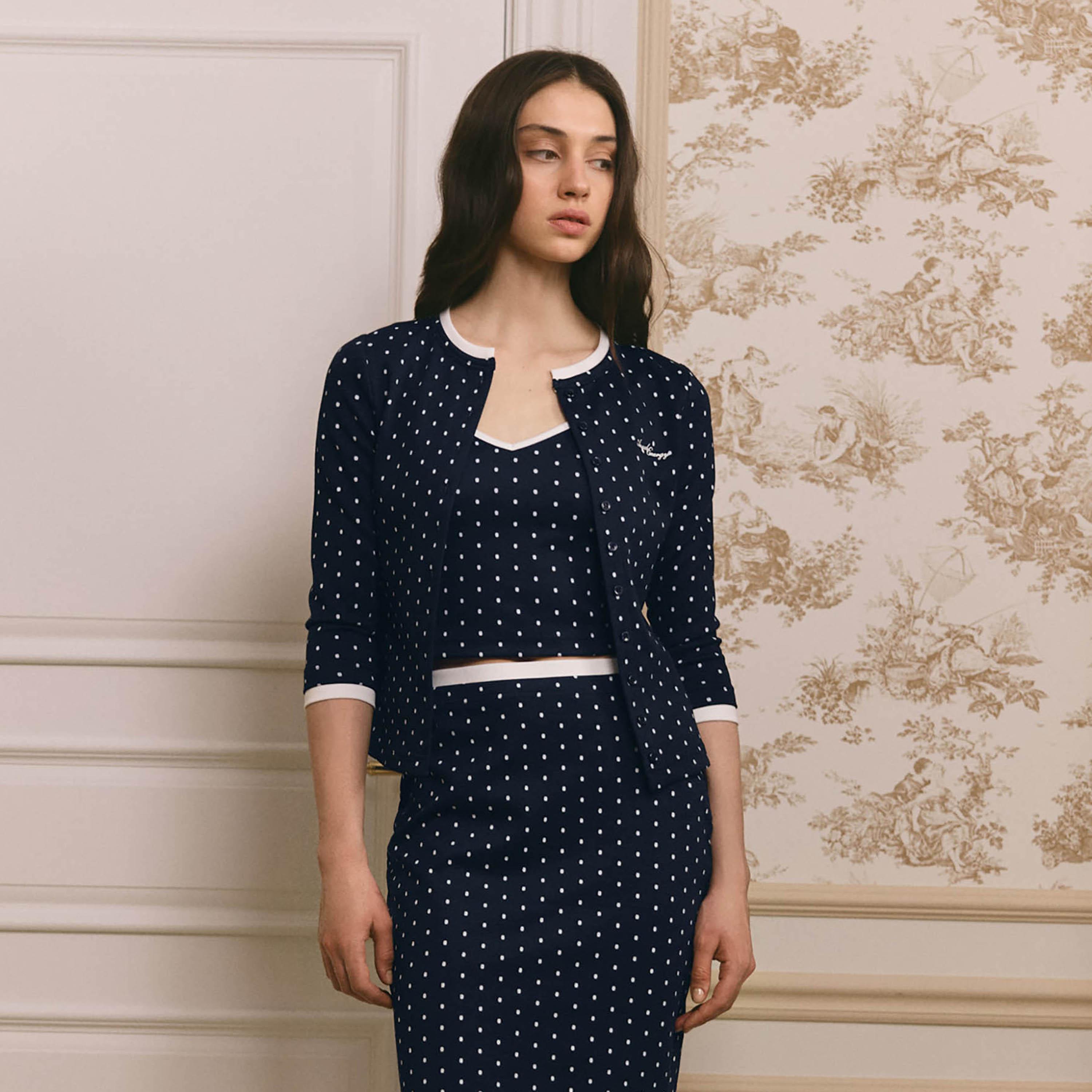 بلوزة بنقشة تنقيط (بولكا دوت) للنساء باللون الكحلي من ليتشي-women-clothing-shirtsandblouses-blouses-image-1