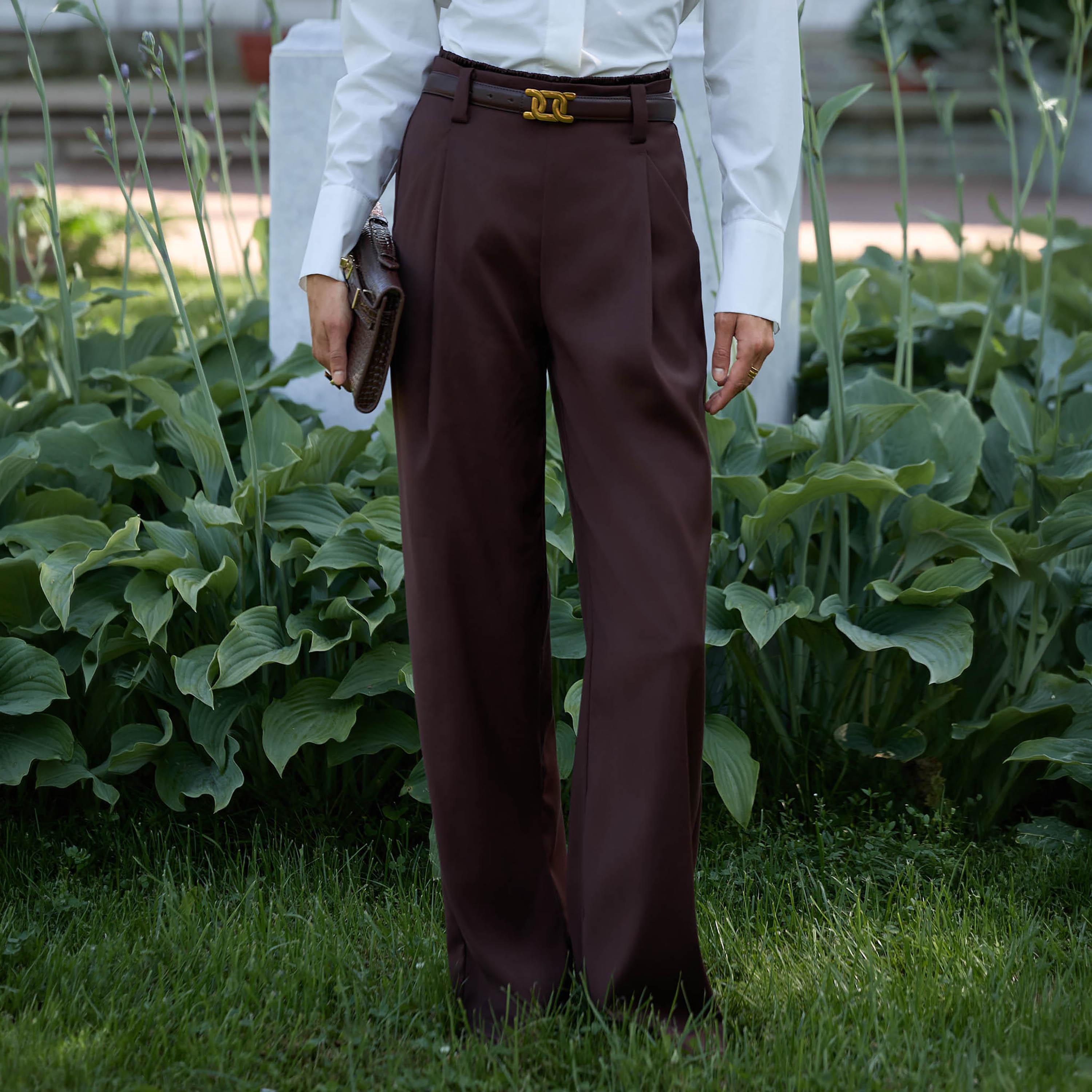 بنطال نسائي بقصة أرجل واسعة باللون البني من ليتشي-women-clothing-bottoms-trousers-image-1