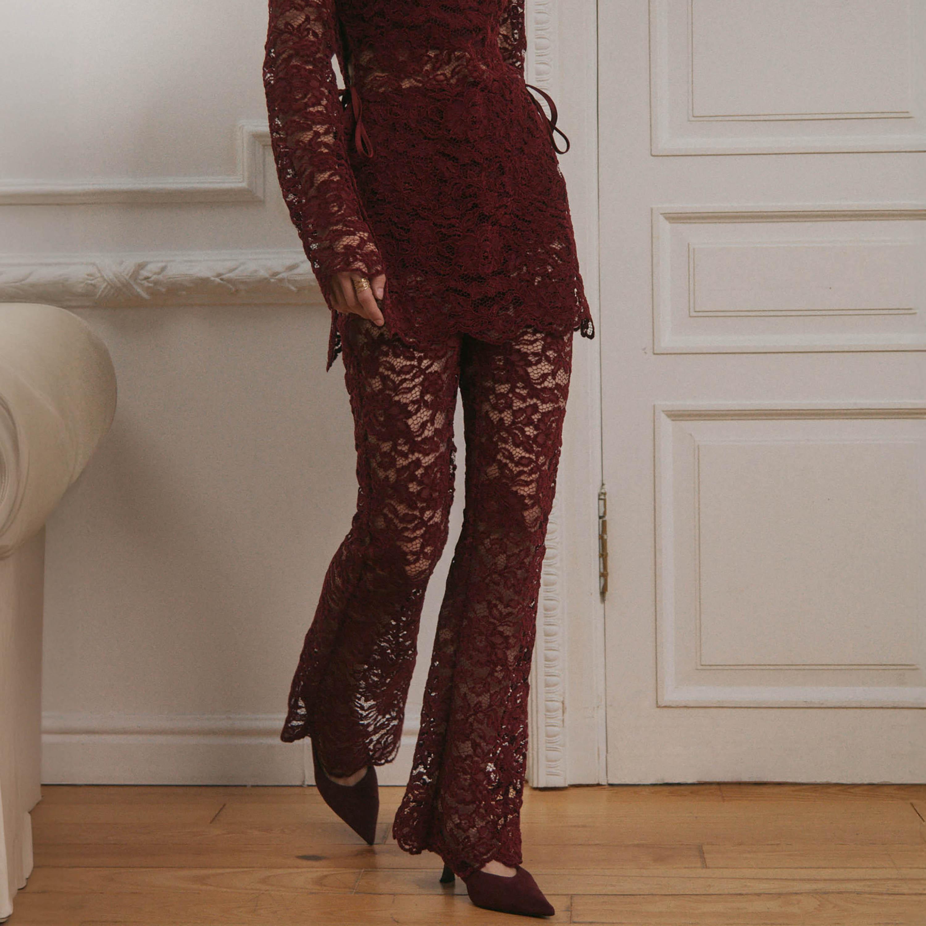 بنطال سهرة نسائي بقصة بوت كات (شارلستون) من الدانتيل بنقشة زهور من ليتشي-women-clothing-bottoms-trousers-image-1