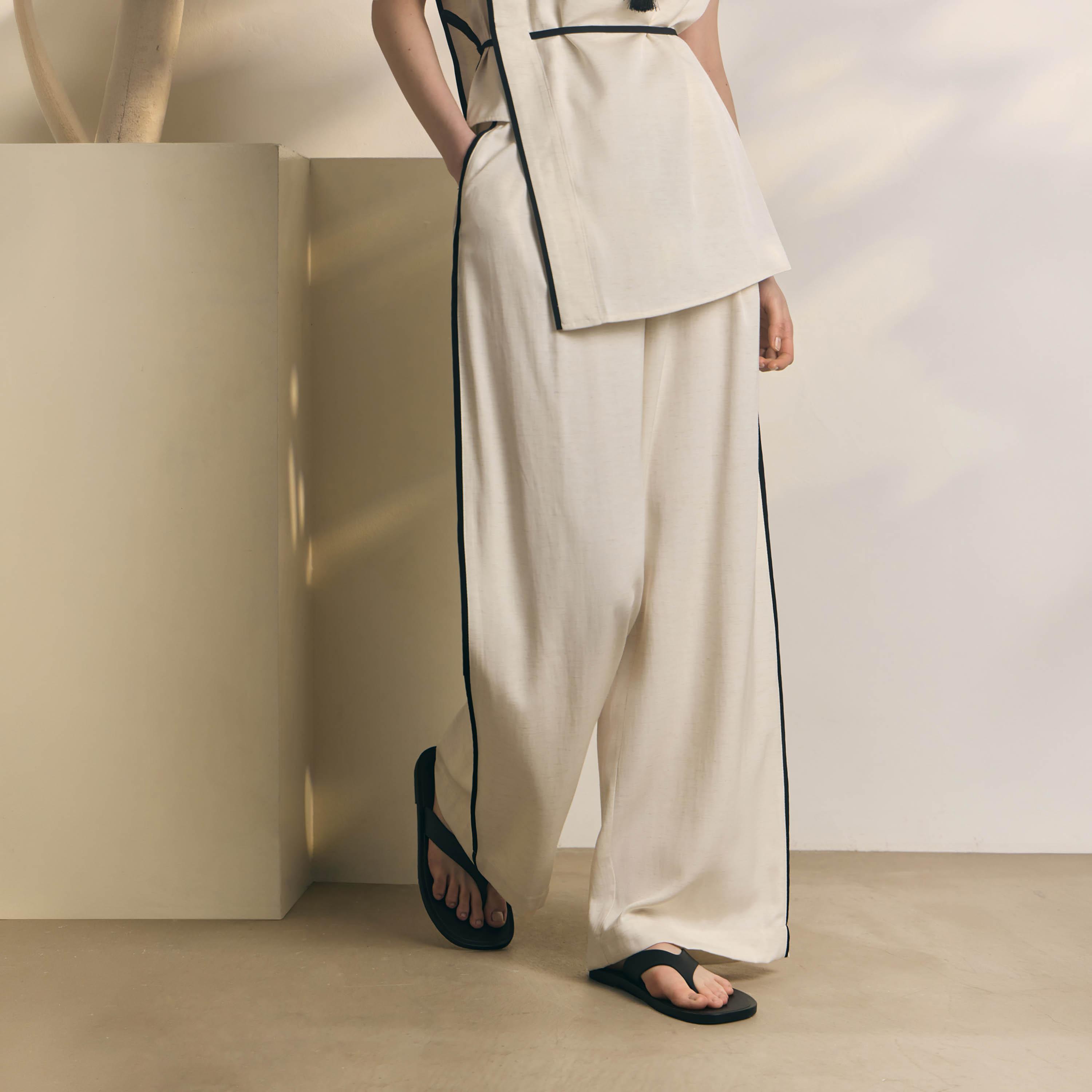 Lichi Cream Contrast Piping Wide Leg Women's Trousers-women-clothing-bottoms-trousers-image-1