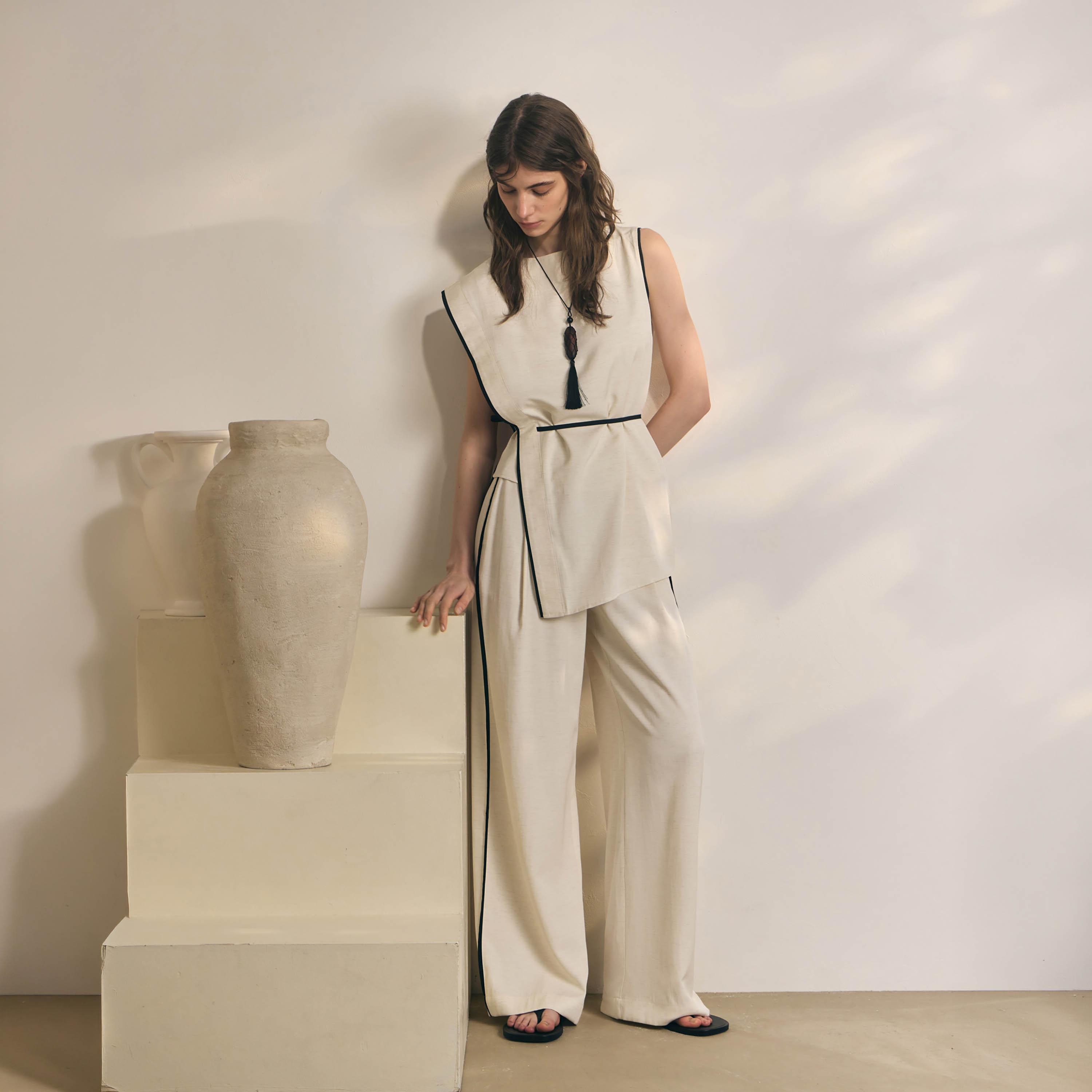 Lichi Cream Contrast Piping Wide Leg Women's Trousers-women-clothing-bottoms-trousers-image-2