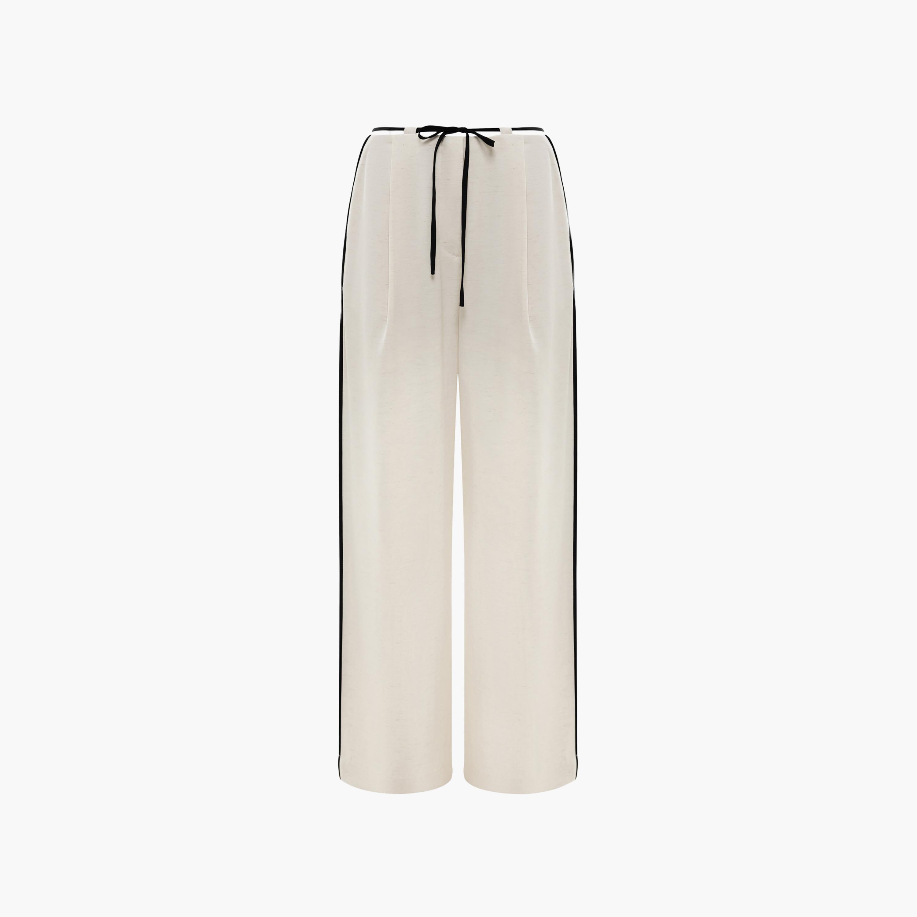 Lichi Cream Contrast Piping Wide Leg Women's Trousers-women-clothing-bottoms-trousers-image-5
