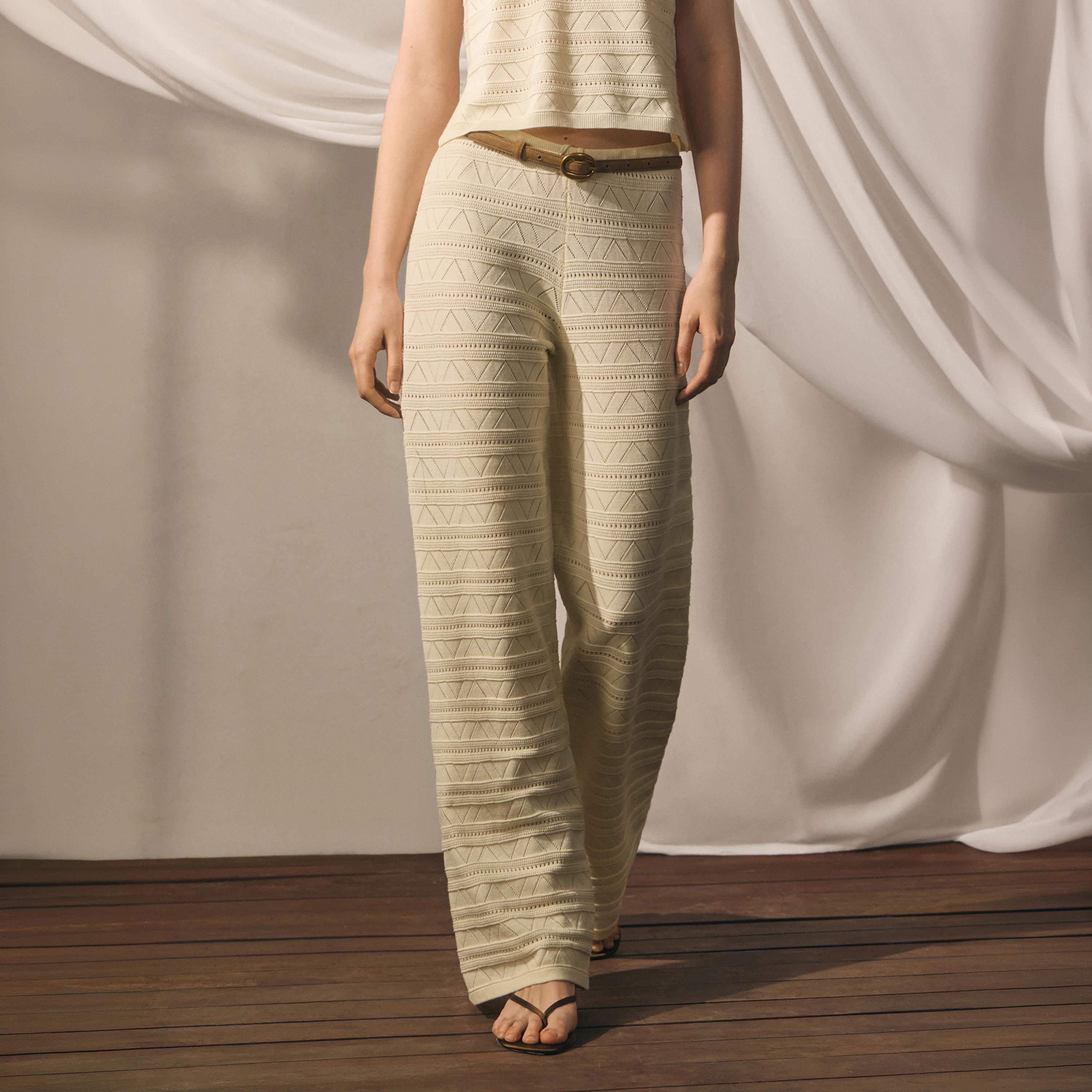 Lichi Cream Geometric Openwork Wide Leg Women's Trousers-women-clothing-bottoms-trousers-image-4
