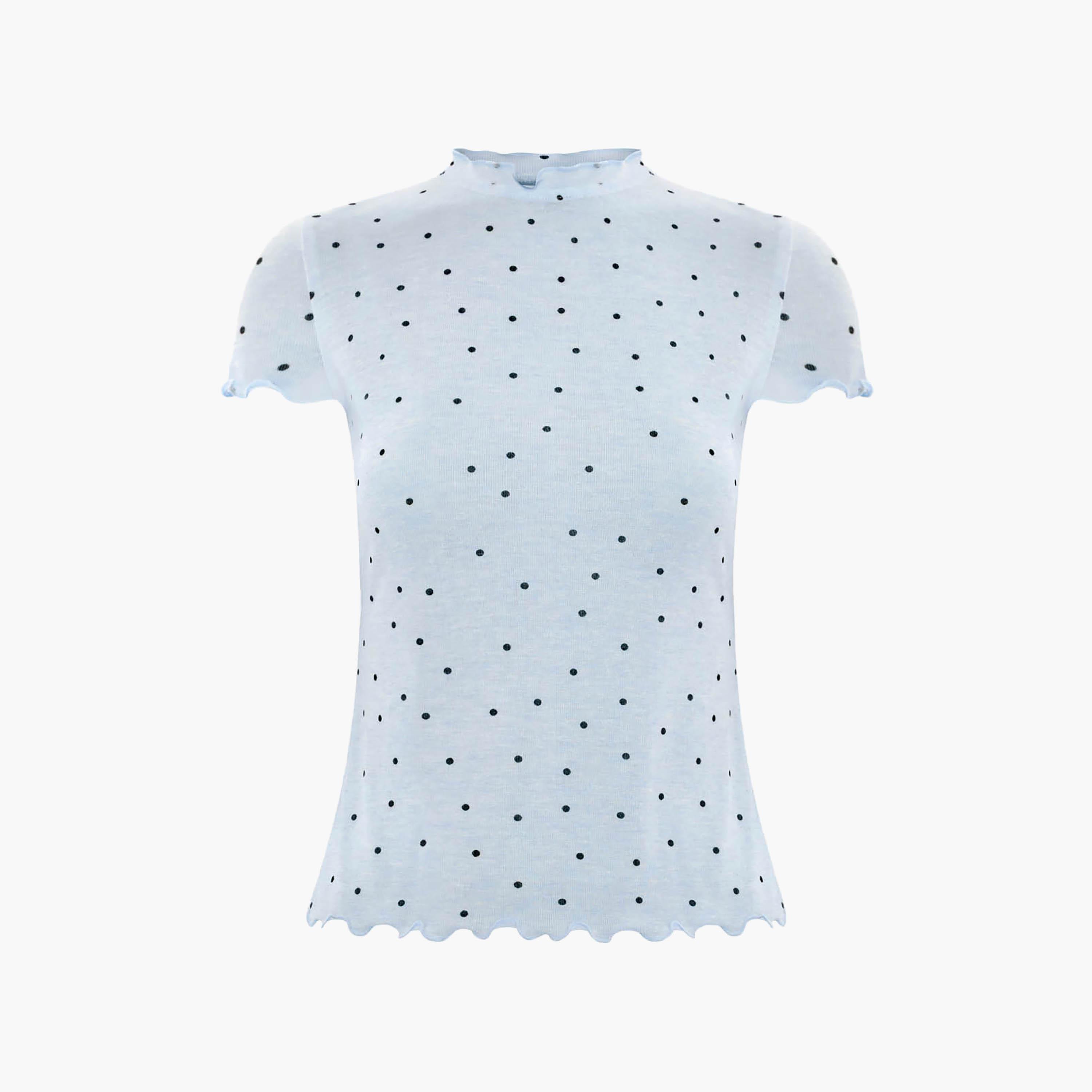 Lichi Blue Polka Dot Jersey Mock Neck Cap Sleeves Women's Top-women-clothing-shirtsandblouses-blouses-image-5