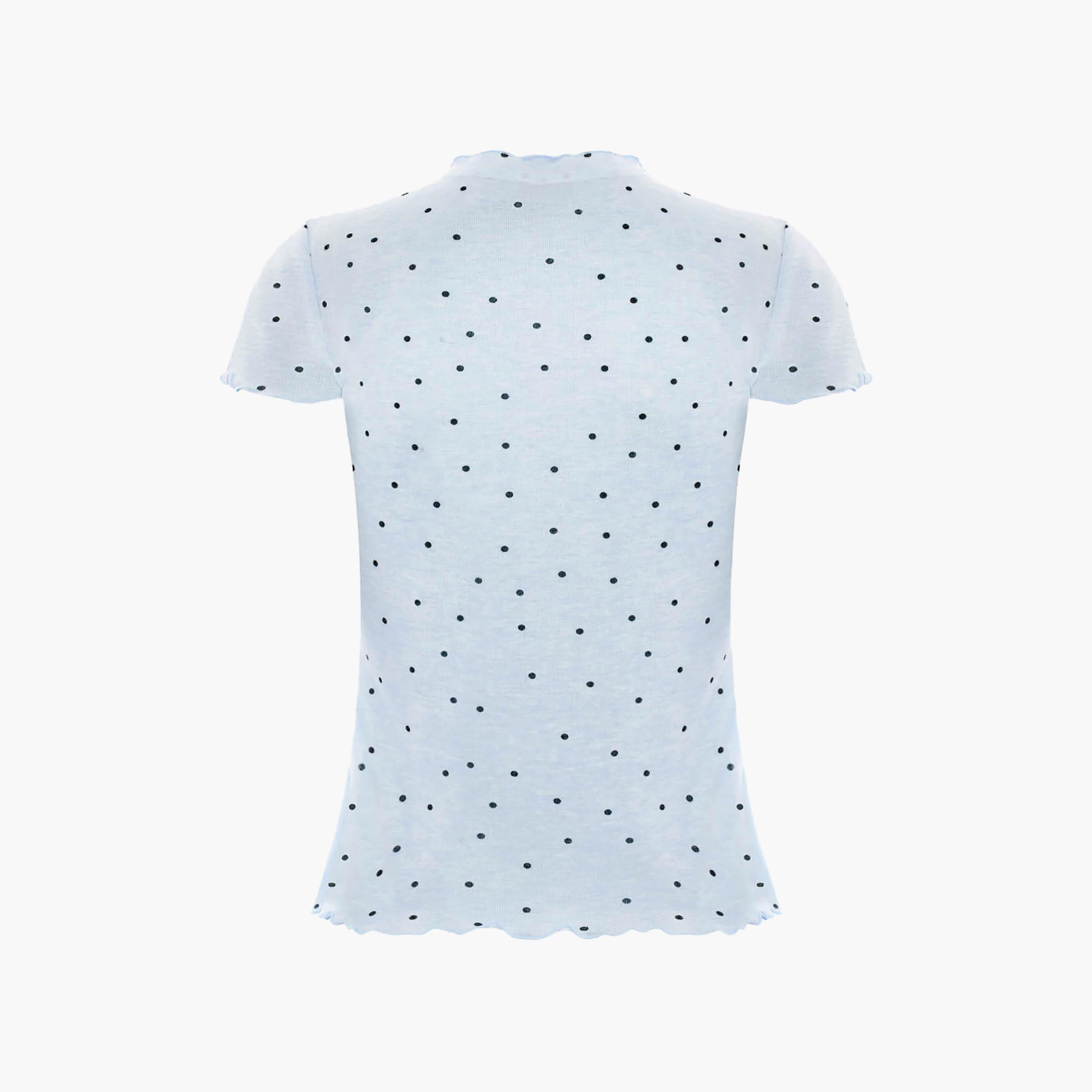 Lichi Blue Polka Dot Jersey Mock Neck Cap Sleeves Women's Top-women-clothing-shirtsandblouses-blouses-image-6