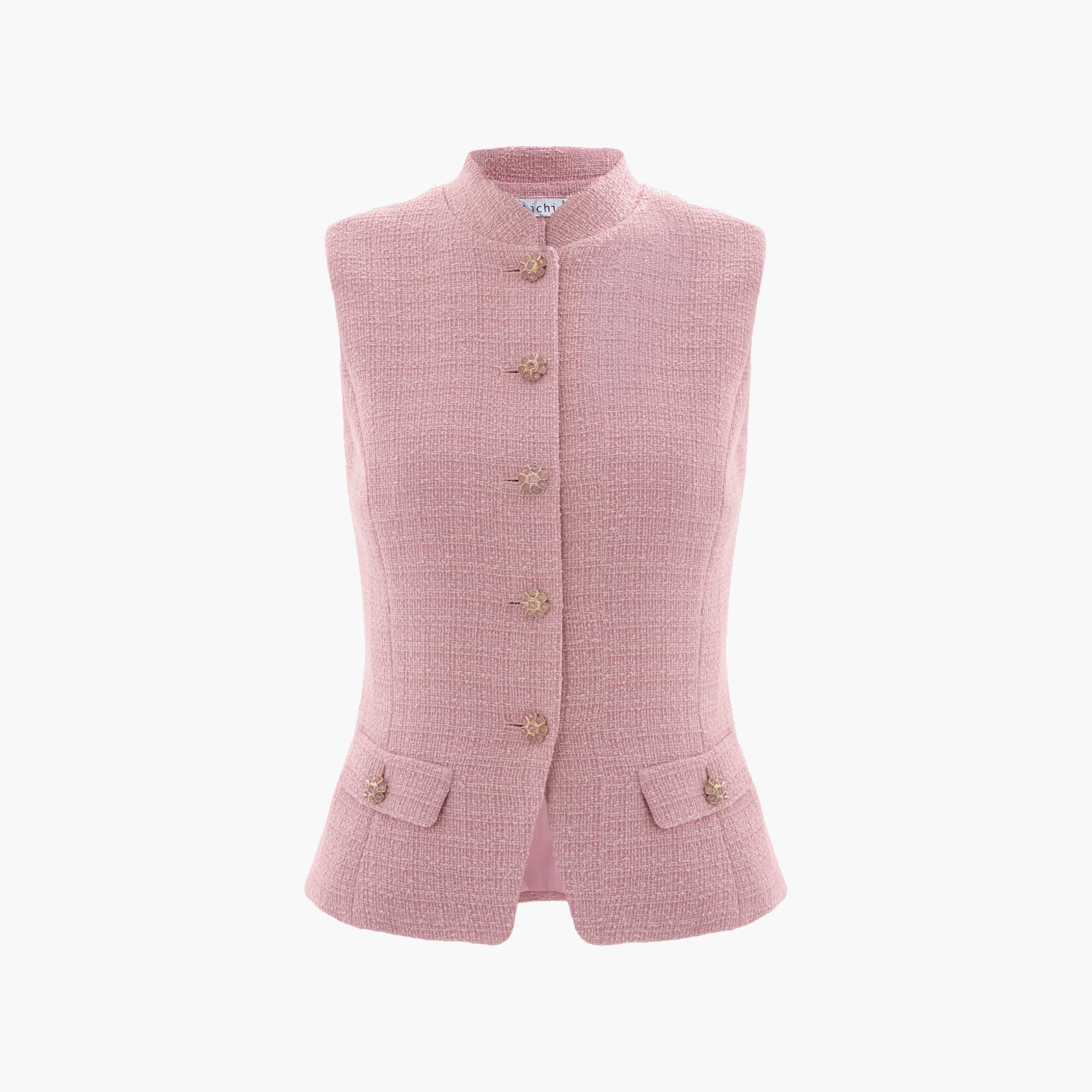 جيليه (فيست) تويد نسائي بياقة ماندارين باللون الوردي من ليتشي-women-winterwear-coatsandjackets-waistcoats-image-4