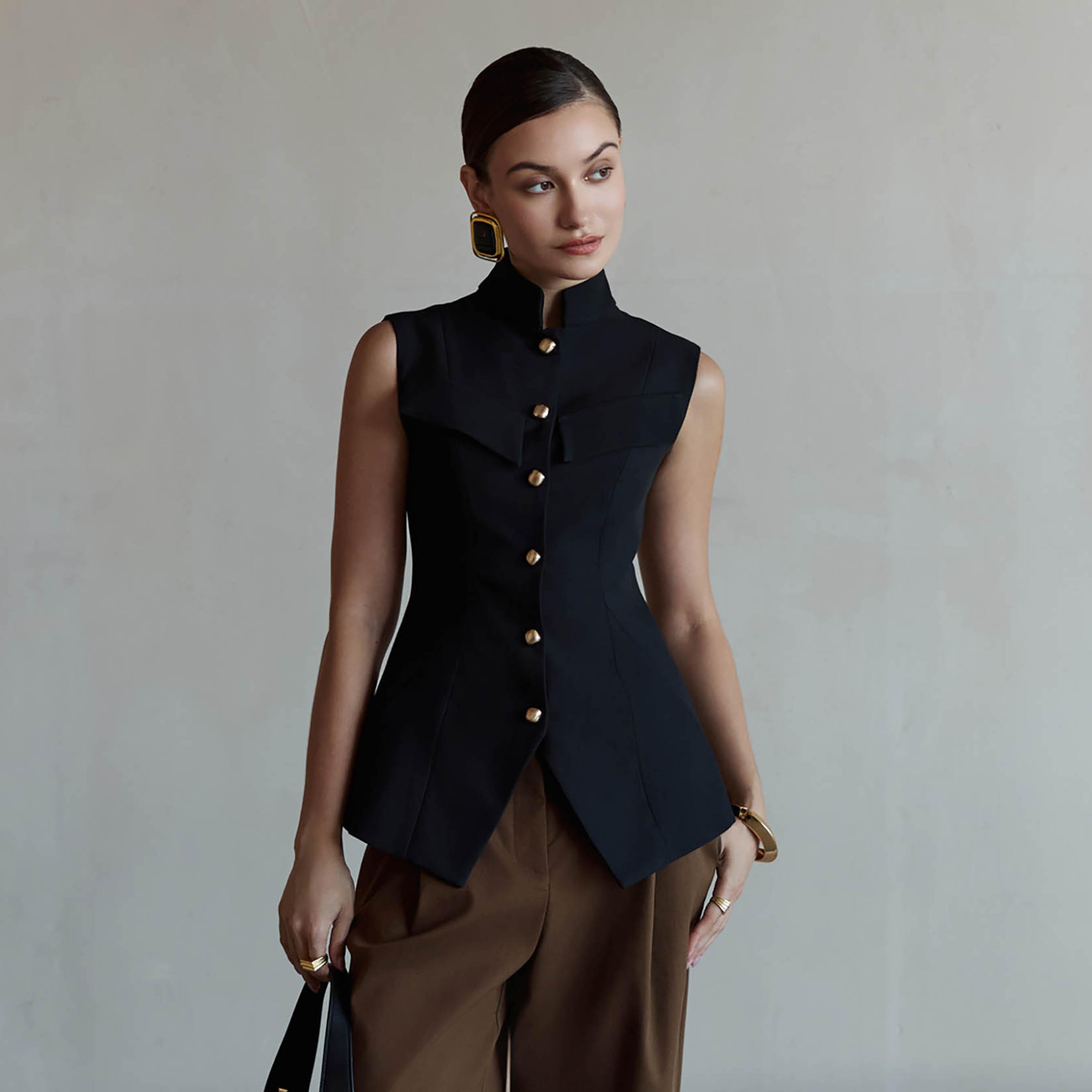 جيليه (فيست) نسائي بياقة ماندارين باللون الأسود من ليتشي-women-winterwear-coatsandjackets-waistcoats-image-1