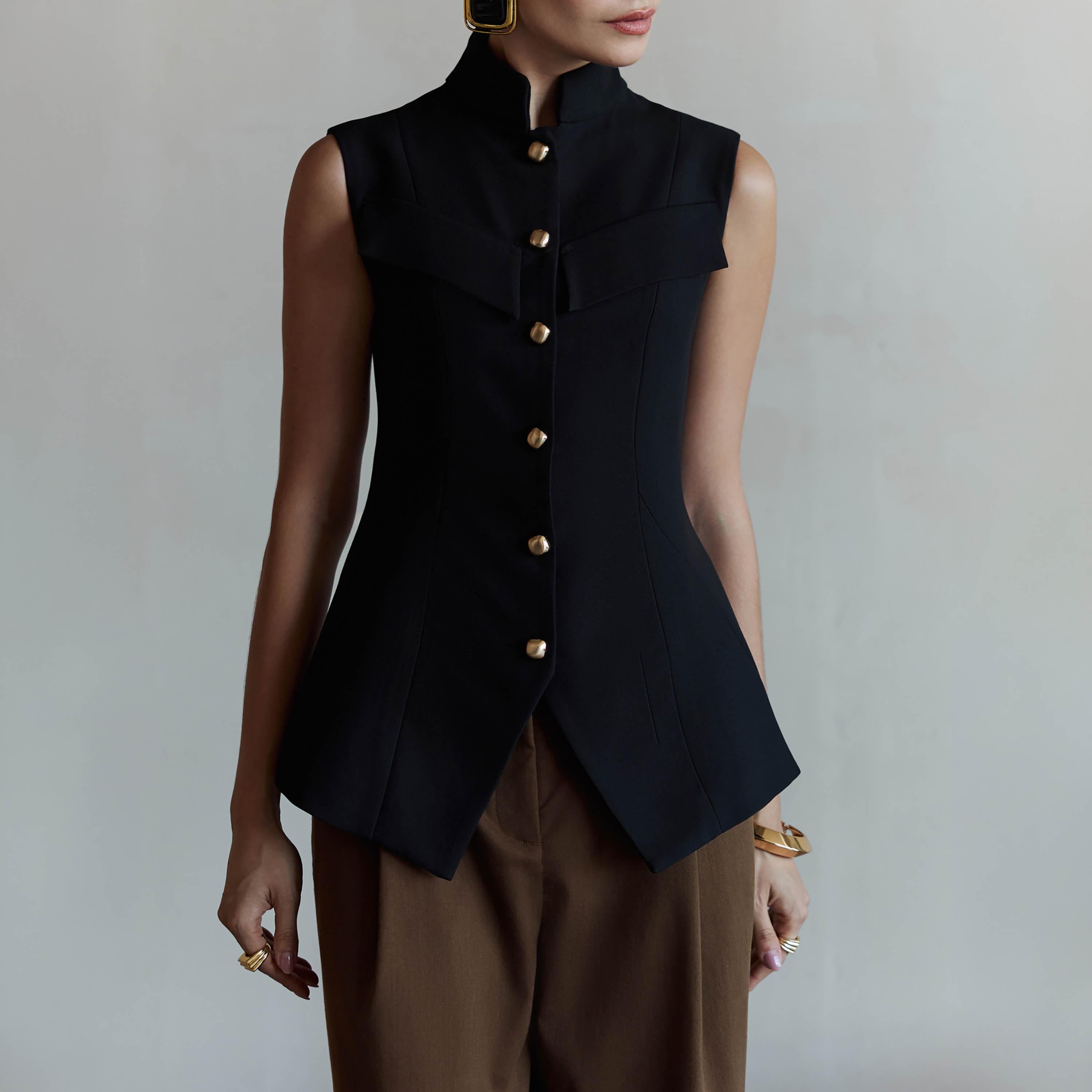 جيليه (فيست) نسائي بياقة ماندارين باللون الأسود من ليتشي-women-winterwear-coatsandjackets-waistcoats-image-4