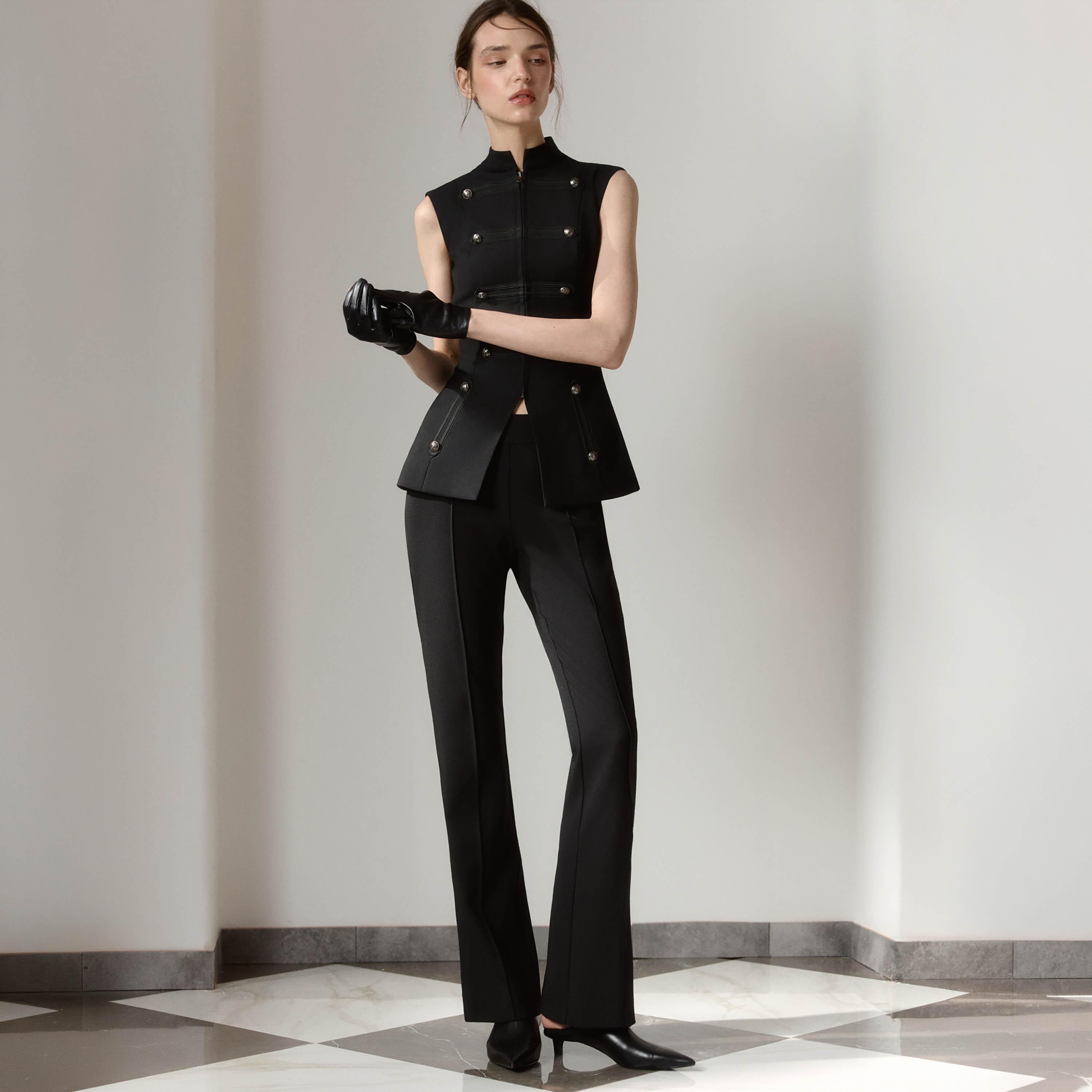 صديري حريمي أسود بياقة مرتفعة من ليتشي-women-winterwear-coatsandjackets-waistcoats-image-2