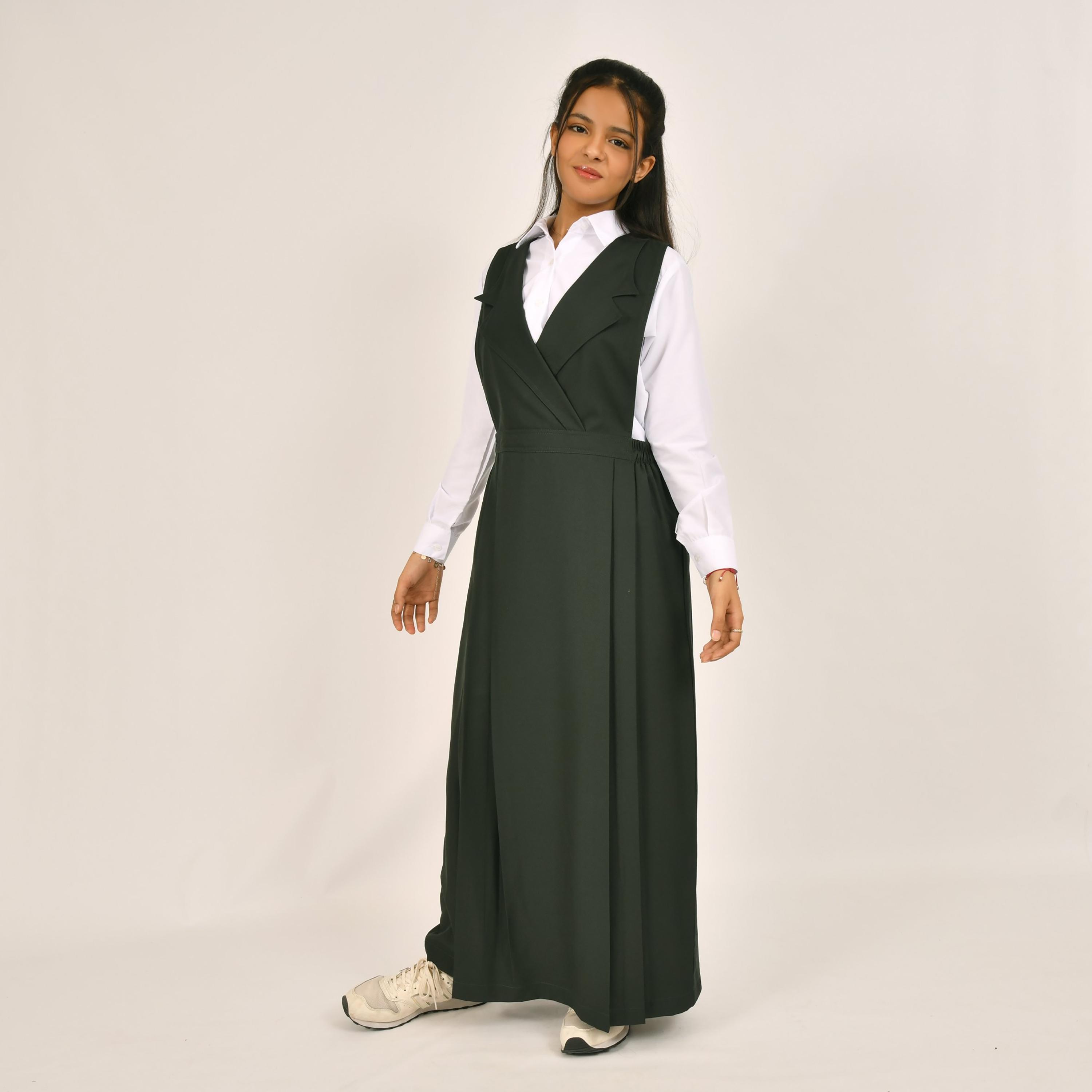 Hawraa Green Linen Notch Collared Sleeveless Girls Pinafore Dress-girls-clothing-dressesandjumpsuits-image-1