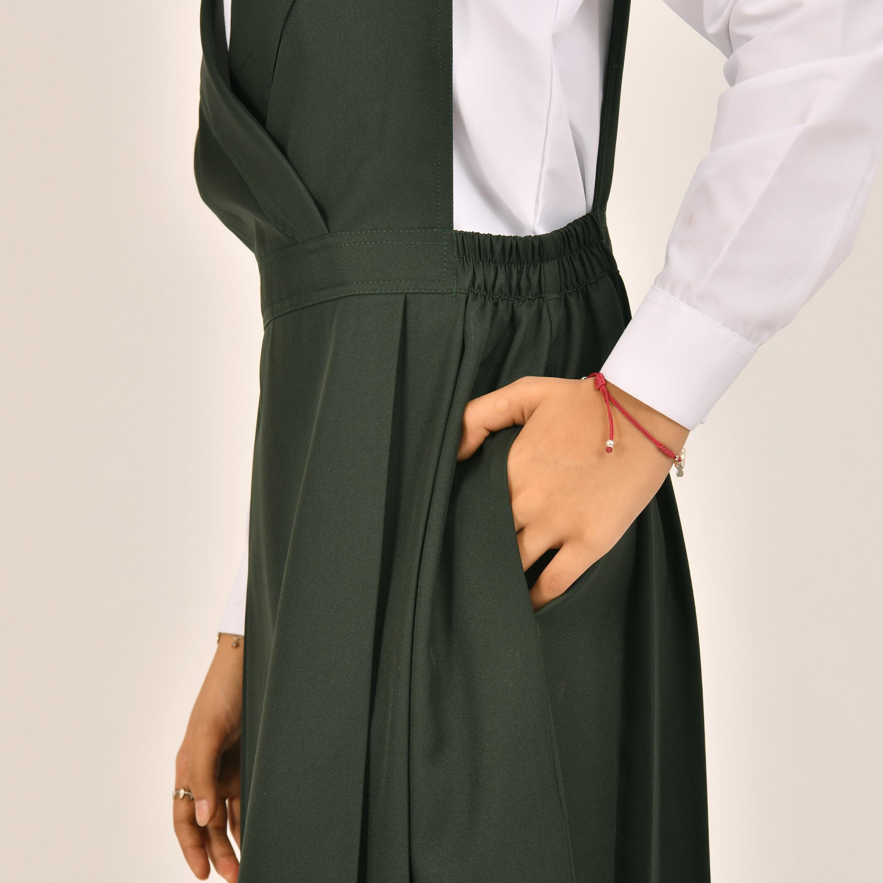 Hawraa Green Linen Notch Collared Sleeveless Girls Pinafore Dress-girls-clothing-dressesandjumpsuits-image-2