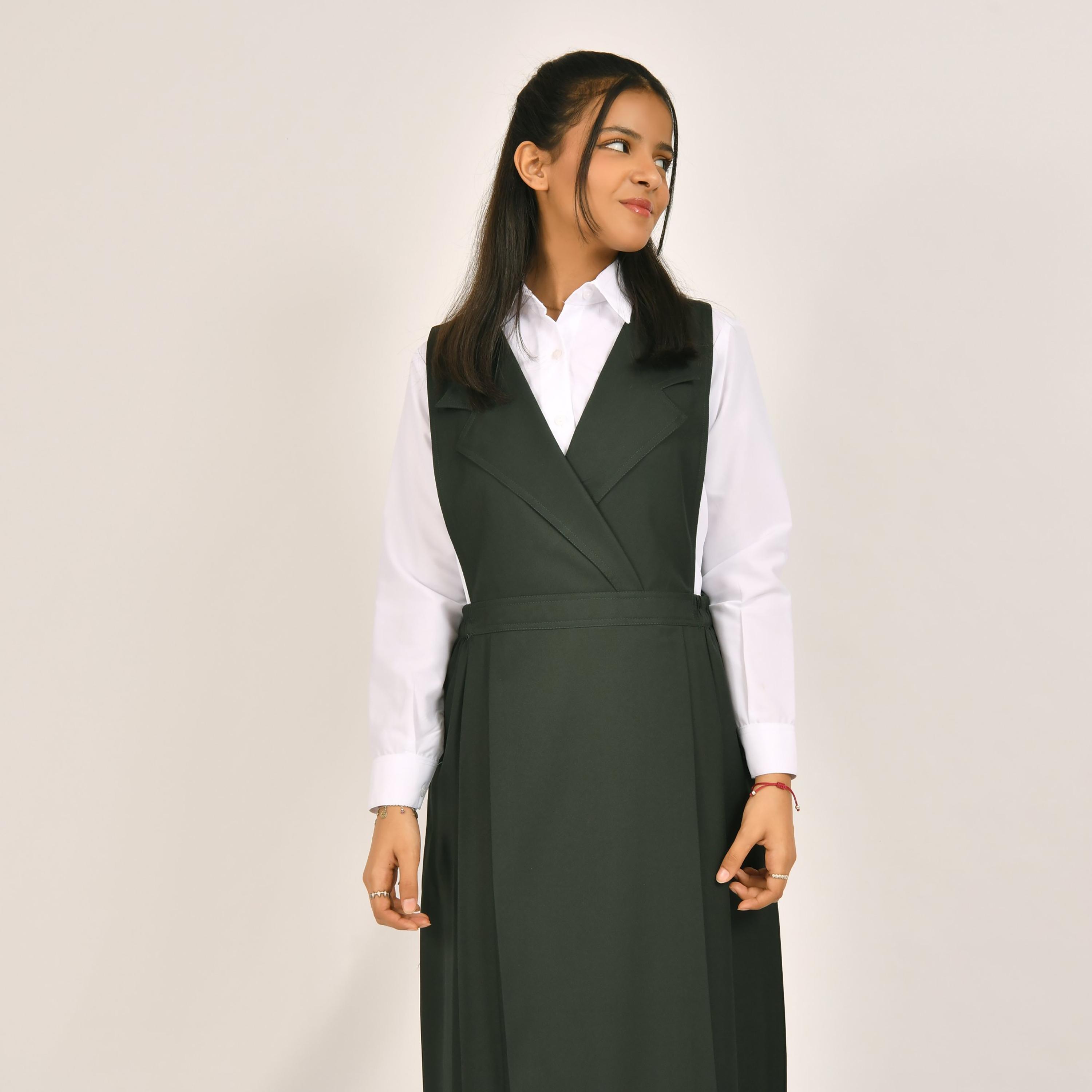 Hawraa Green Linen Notch Collared Sleeveless Girls Pinafore Dress-girls-clothing-dressesandjumpsuits-image-3
