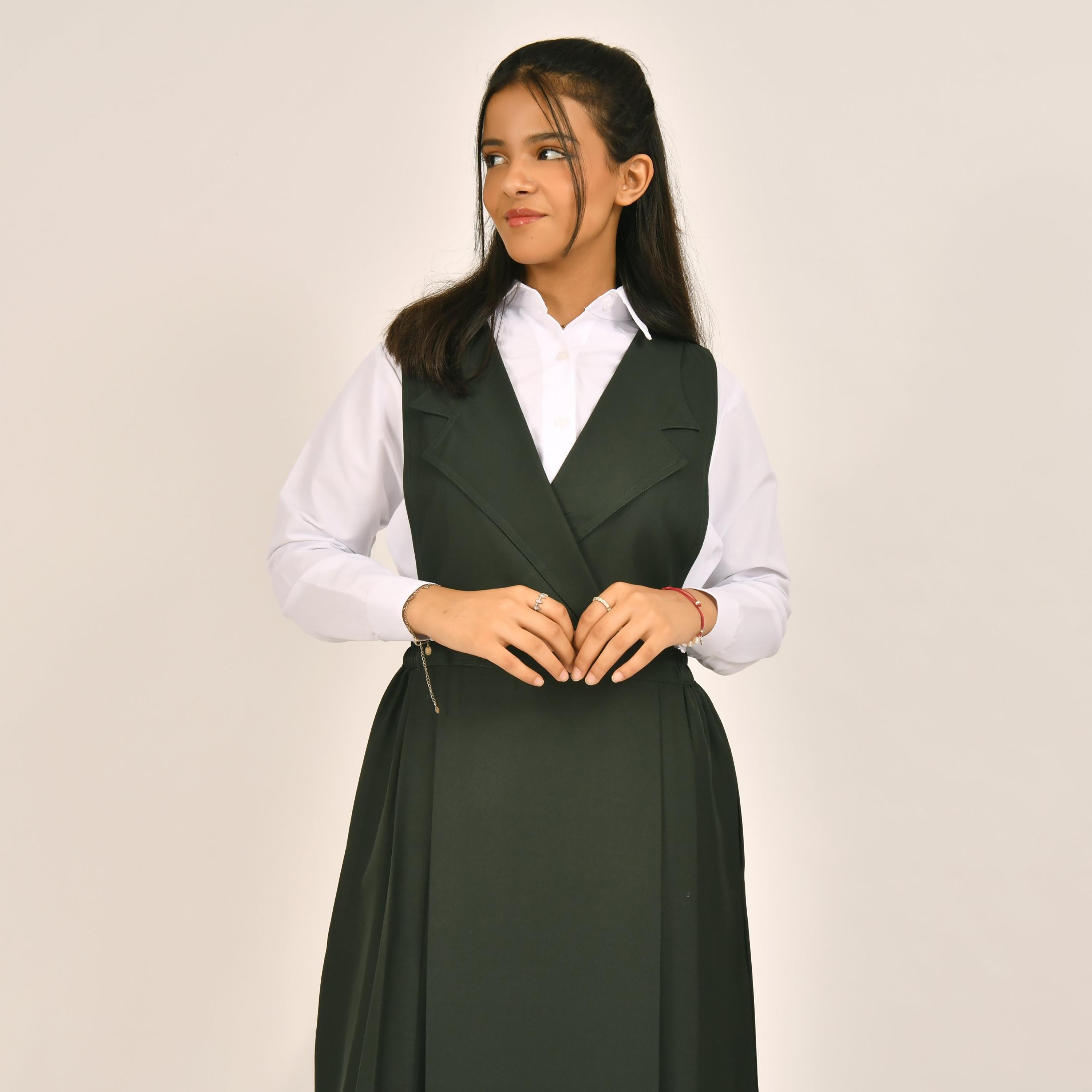 Hawraa Green Linen Notch Collared Sleeveless Girls Pinafore Dress-girls-clothing-dressesandjumpsuits-image-4