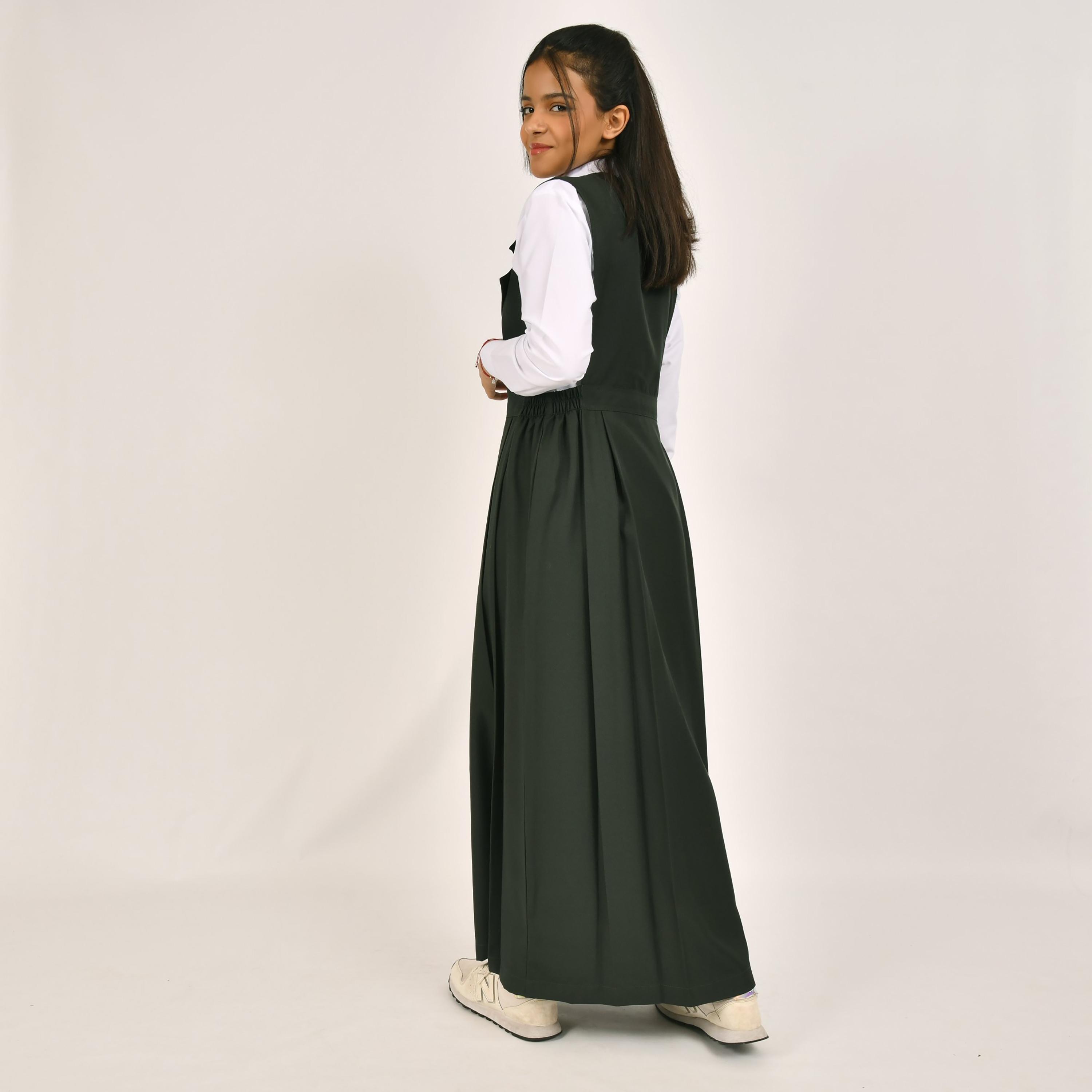 Hawraa Green Linen Notch Collared Sleeveless Girls Pinafore Dress-girls-clothing-dressesandjumpsuits-image-5