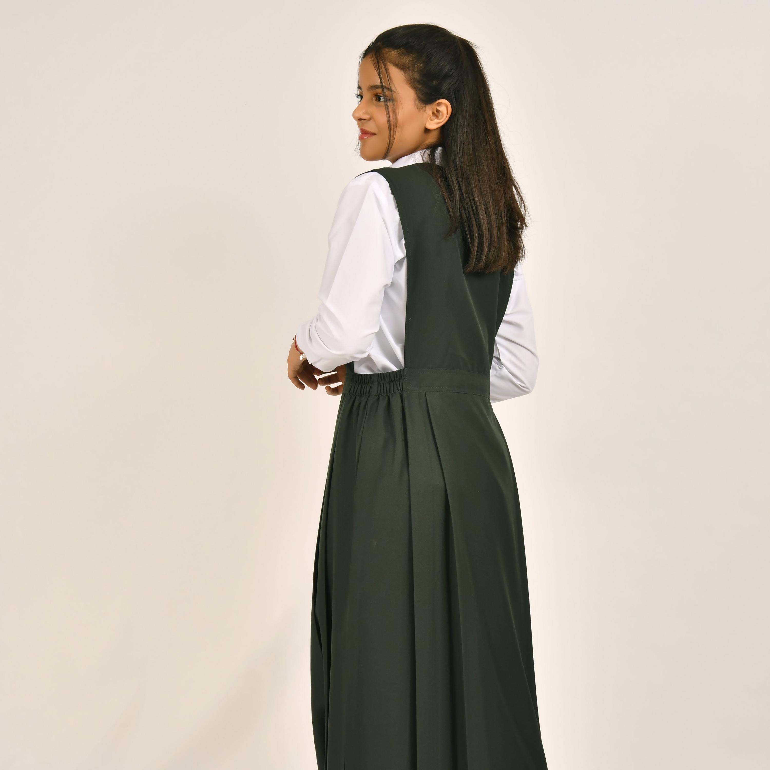 Hawraa Green Linen Notch Collared Sleeveless Girls Pinafore Dress-girls-clothing-dressesandjumpsuits-image-6