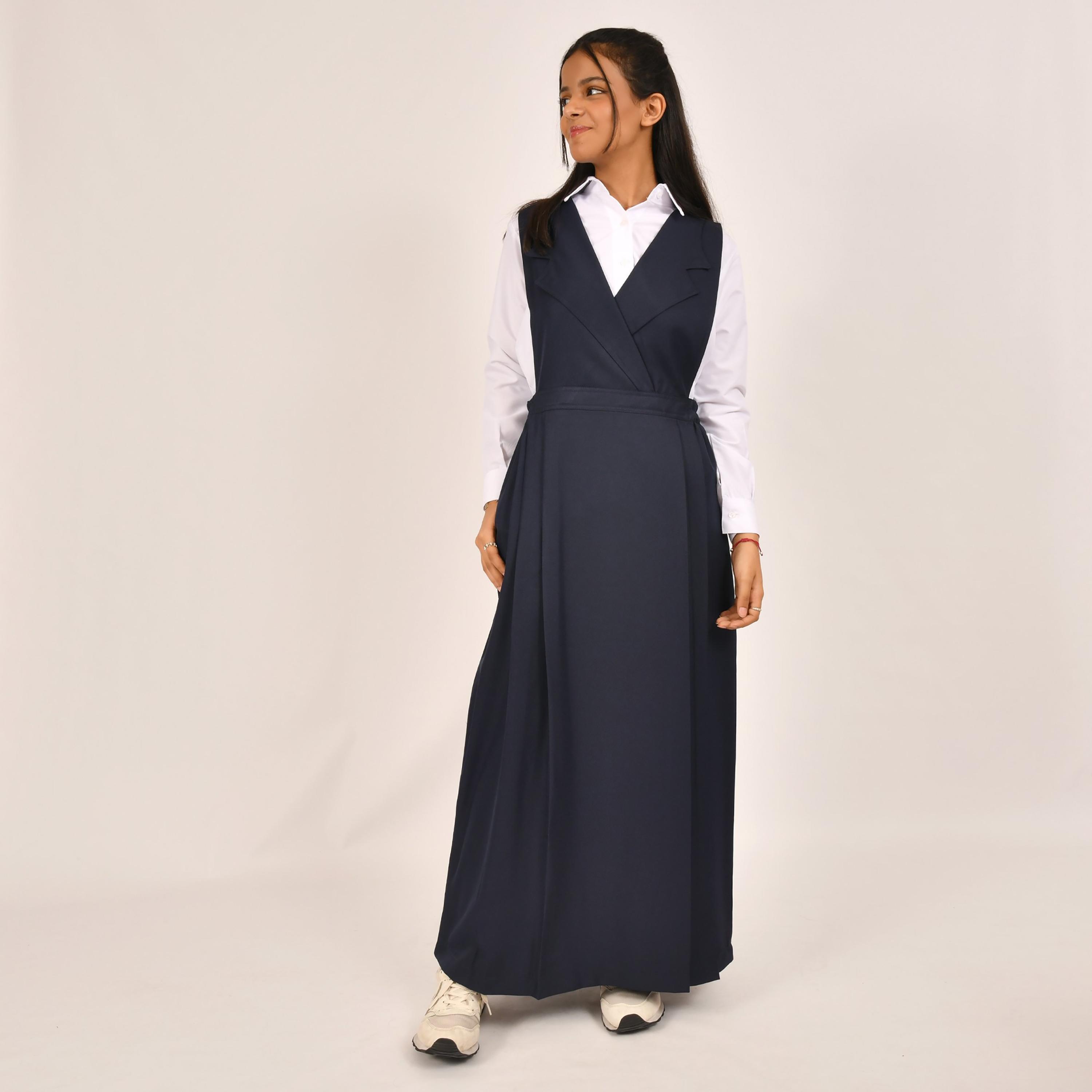 Hawraa Blue Linen Notch Collared Sleeveless Girls Pinafore Dress-girls-clothing-dressesandjumpsuits-image-1