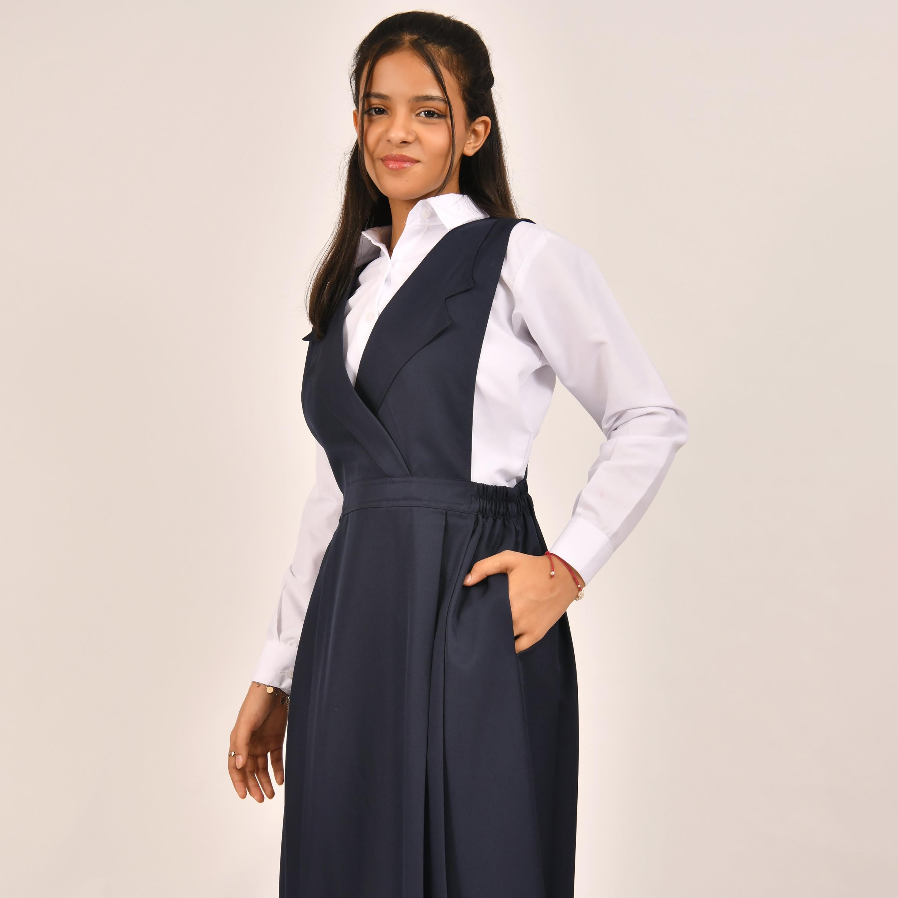 Hawraa Blue Linen Notch Collared Sleeveless Girls Pinafore Dress-girls-clothing-dressesandjumpsuits-image-2