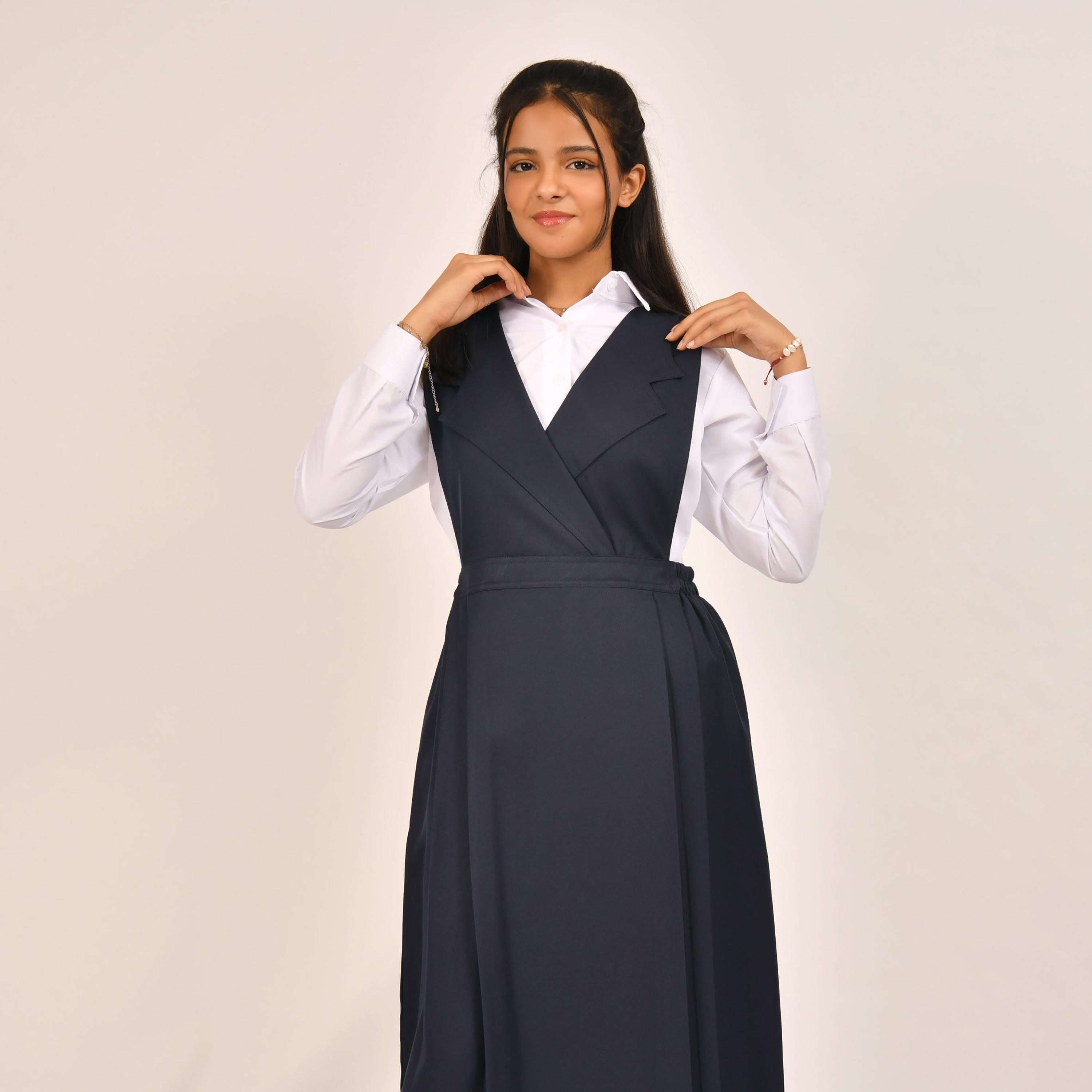 Hawraa Blue Linen Notch Collared Sleeveless Girls Pinafore Dress-girls-clothing-dressesandjumpsuits-image-3