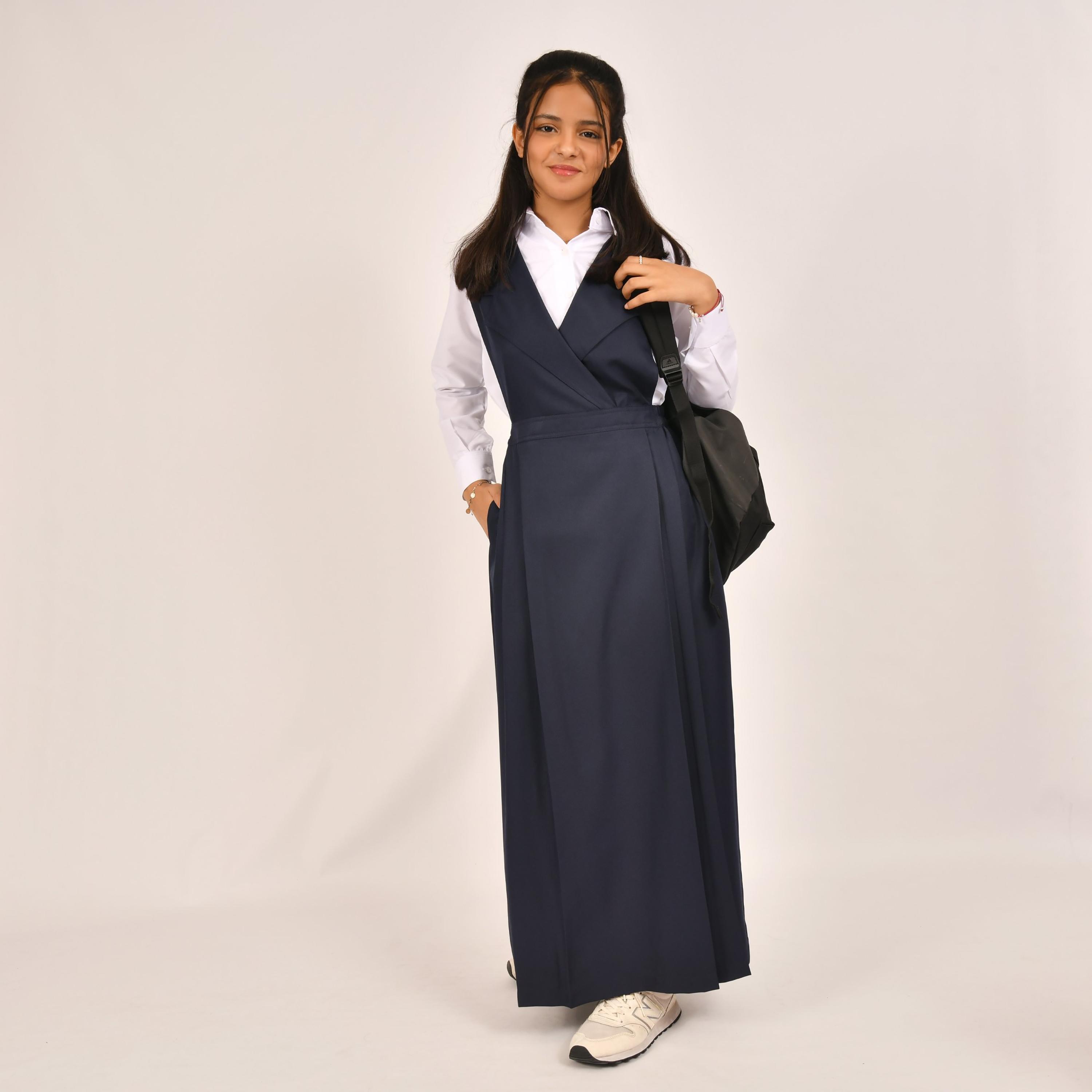 Hawraa Blue Linen Notch Collared Sleeveless Girls Pinafore Dress-girls-clothing-dressesandjumpsuits-image-4