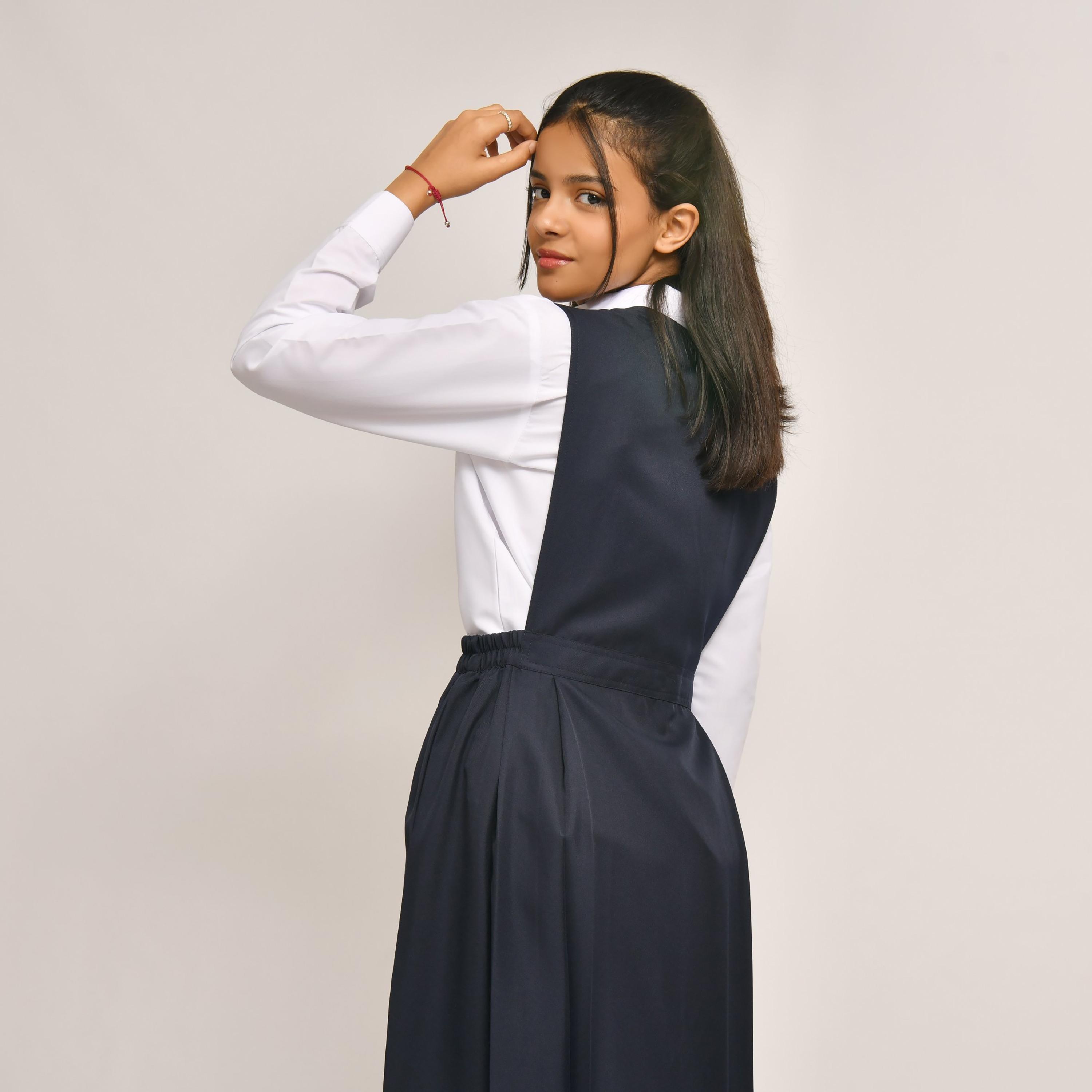 Hawraa Blue Linen Notch Collared Sleeveless Girls Pinafore Dress-girls-clothing-dressesandjumpsuits-image-5