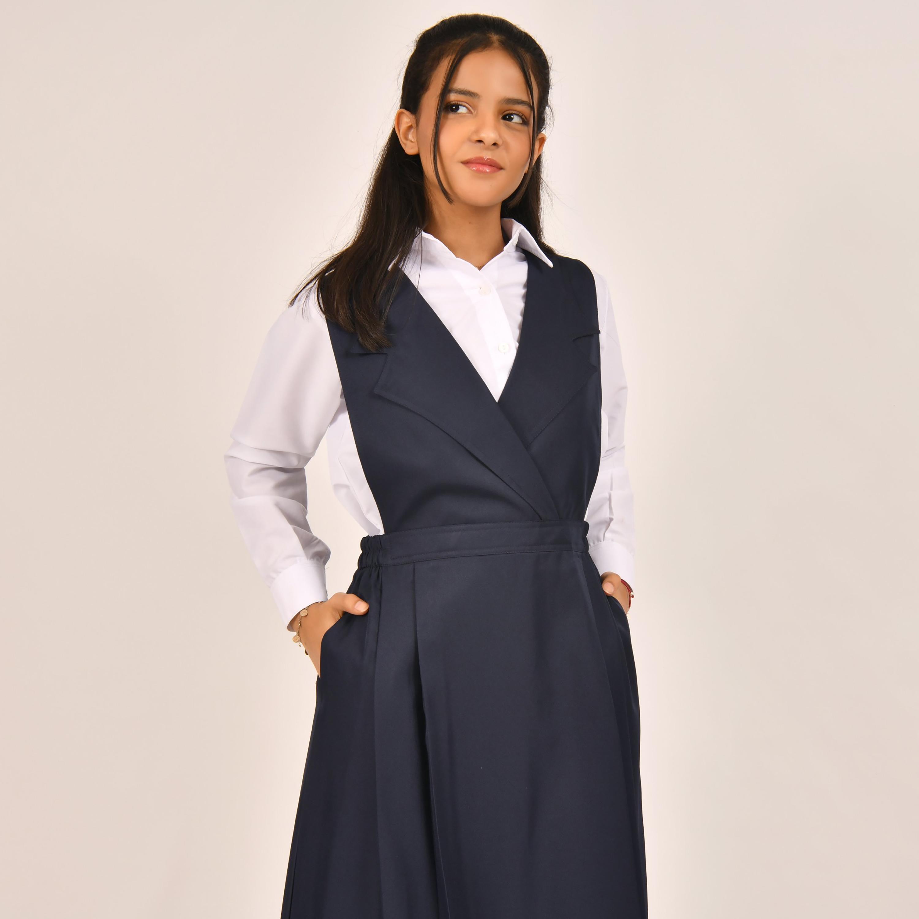 Hawraa Blue Linen Notch Collared Sleeveless Girls Pinafore Dress-girls-clothing-dressesandjumpsuits-image-6