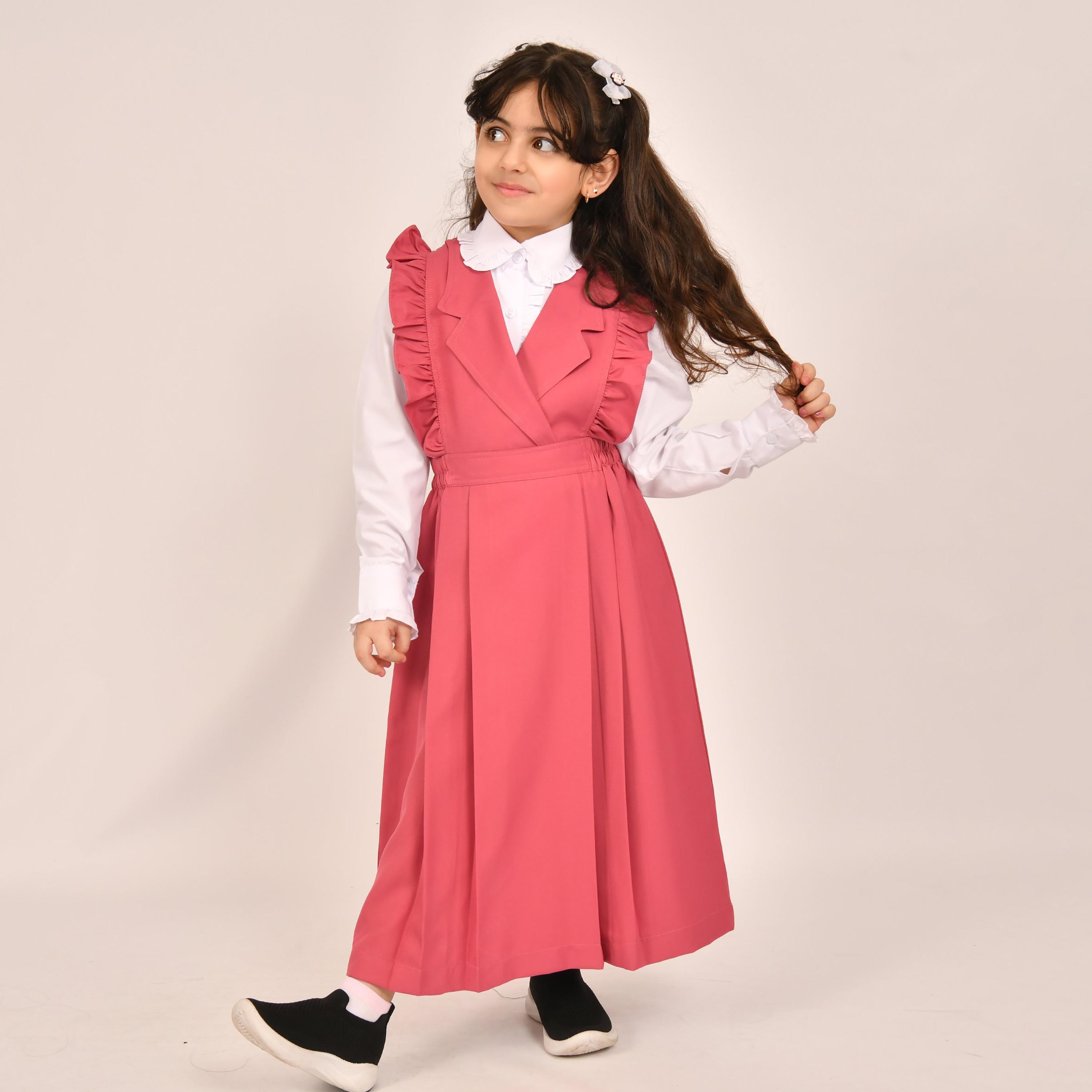 Hawraa Pink Linen Notch Collared Sleeveless Girls Pinafore Dress-girls-clothing-dressesandjumpsuits-image-1