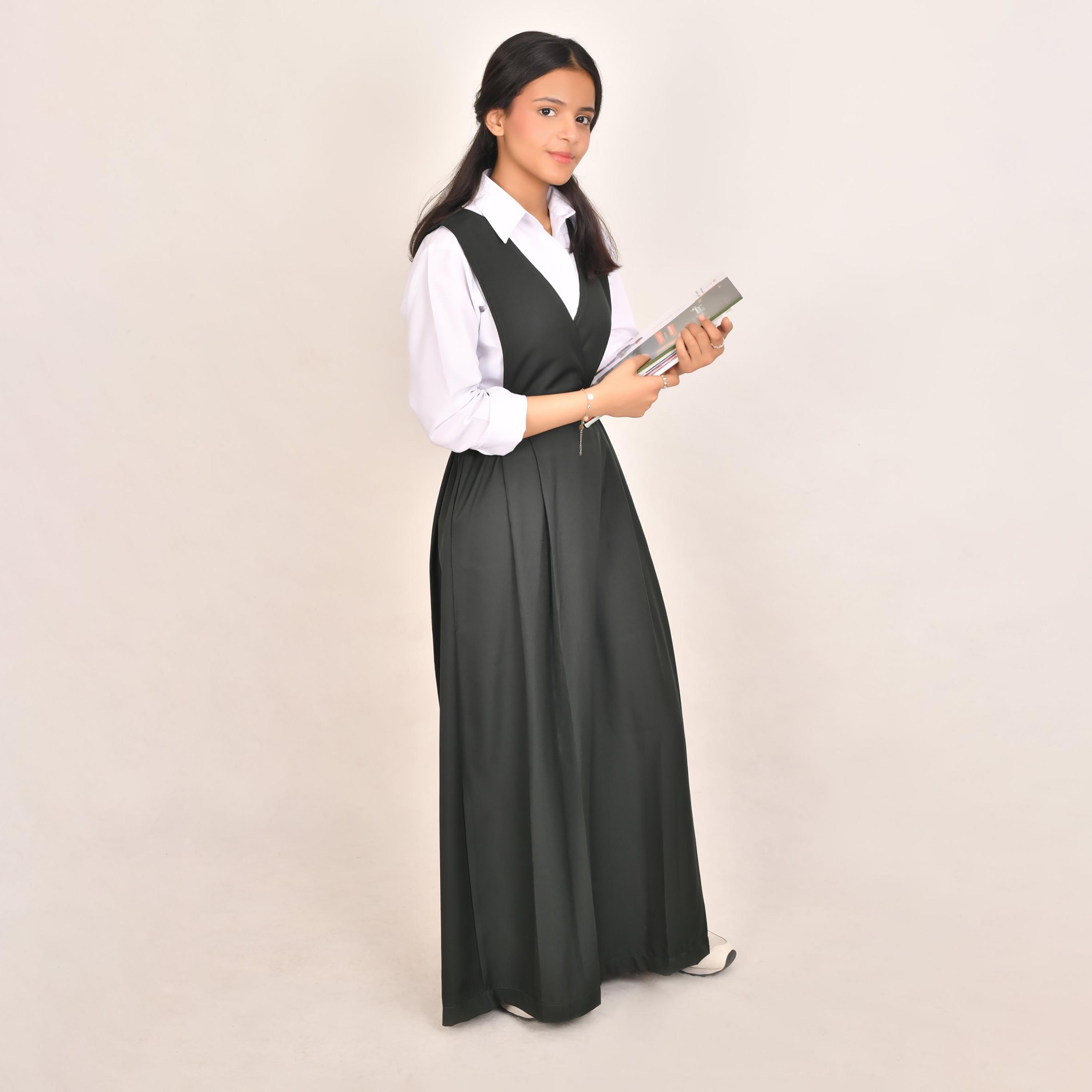 Hawraa Green Linen V-Neck Sleeveless Girls Pinafore Dress-girls-clothing-dressesandjumpsuits-image-1