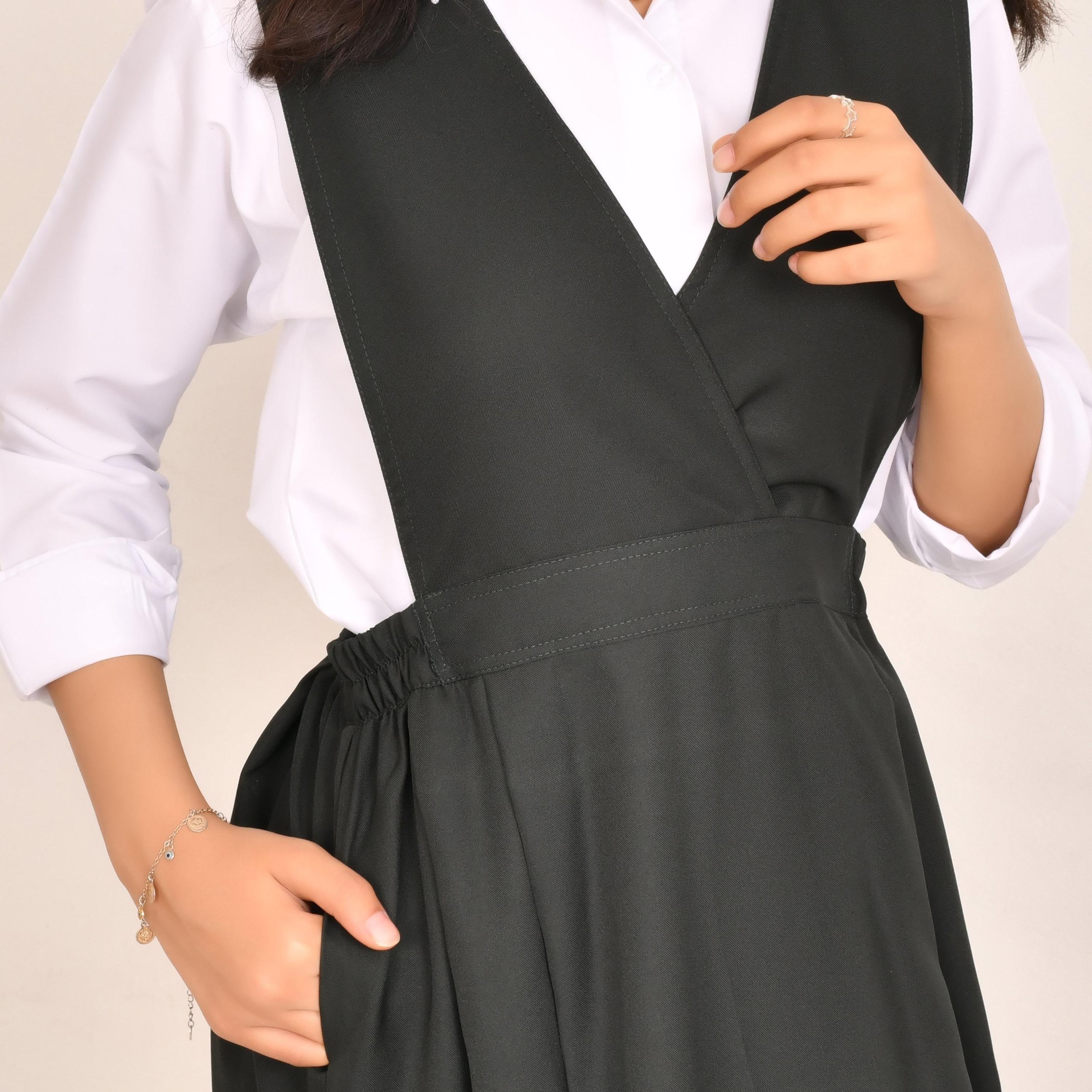 Hawraa Green Linen V-Neck Sleeveless Girls Pinafore Dress-girls-clothing-dressesandjumpsuits-image-3