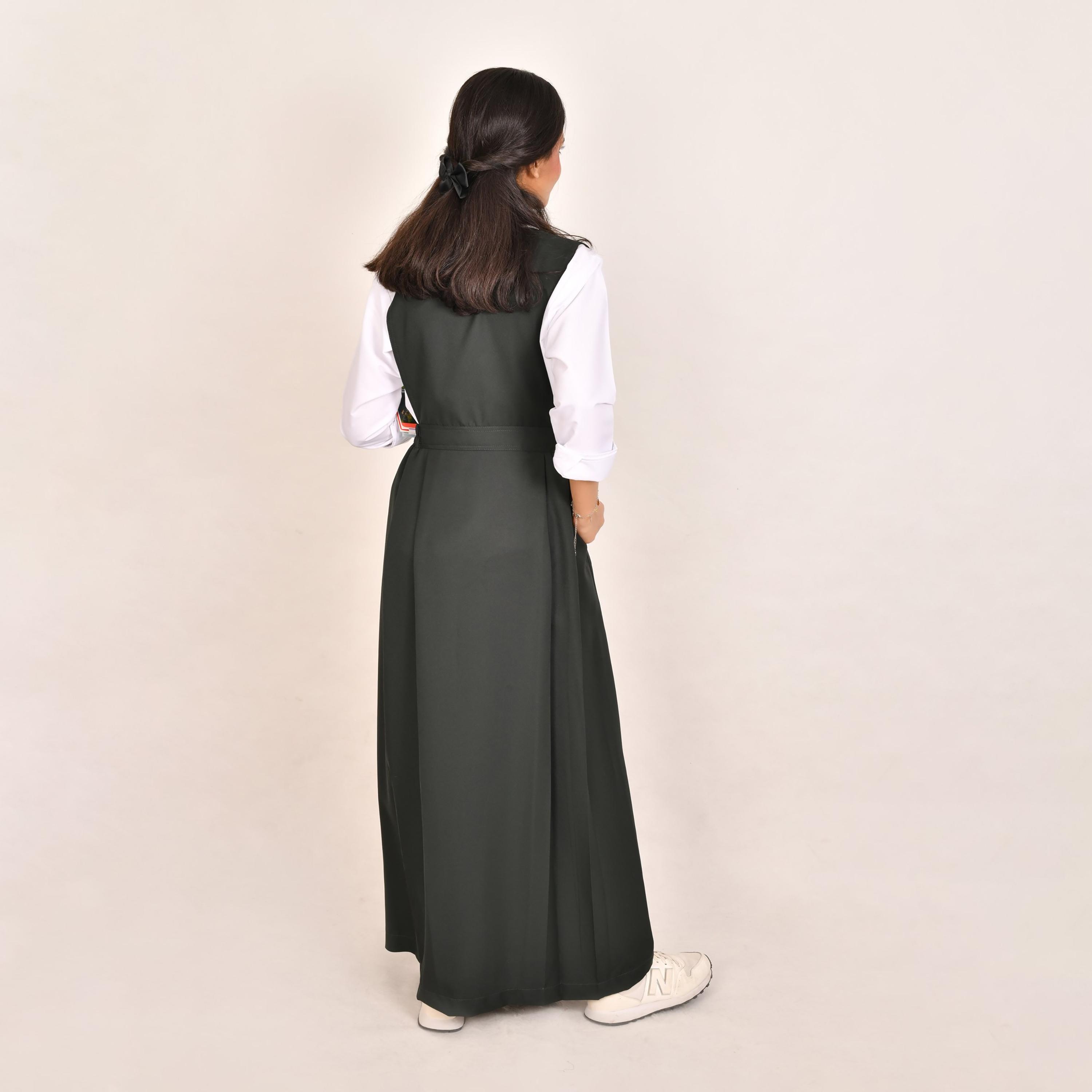 Hawraa Green Linen V-Neck Sleeveless Girls Pinafore Dress-girls-clothing-dressesandjumpsuits-image-5